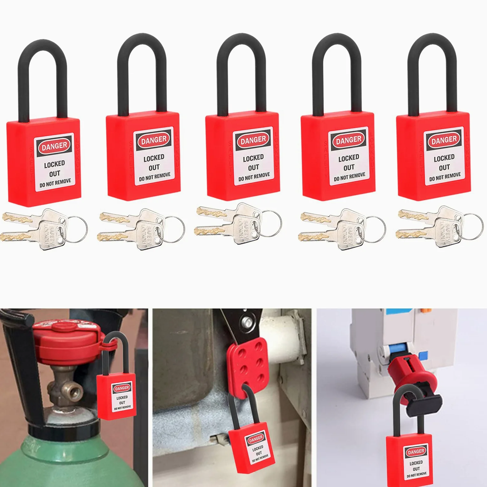 5 Juegos de Cerraduras de Bloqueo de Nailon de 38 Mm, Candados de Seguridad a Prueba de Polvo, Candados de Etiquetado, Candado Loto, Cerradura de Seguridad para Sitios (rojo)
