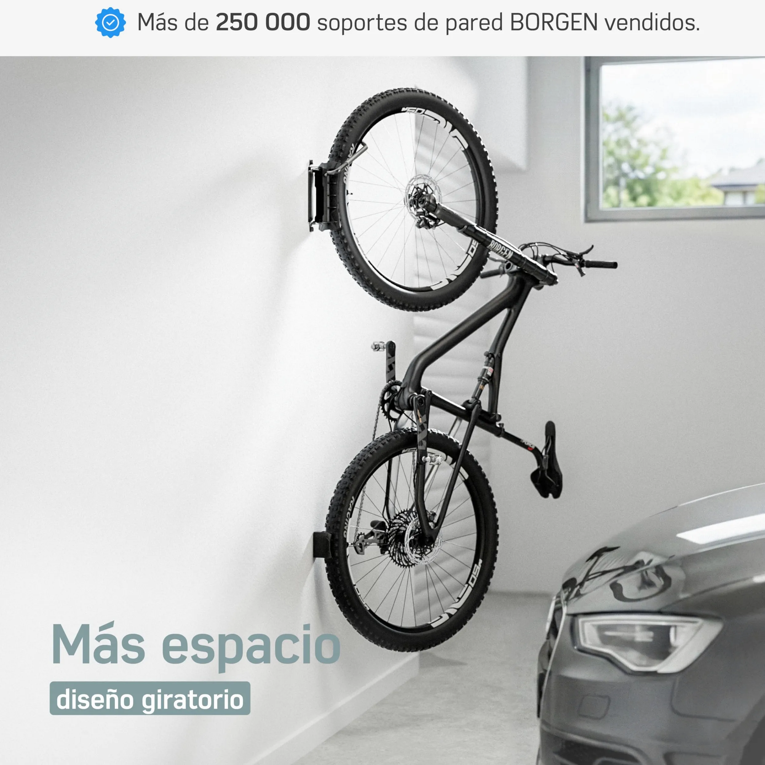 Borgen Soporte Bicicleta Pared Giratorio hasta 35 kg – Soporte Bici Vertical Ahorra Espacio – Incl. Tacos Fischer DuoPower para Montaje Seguro – Embalaje sin plástico