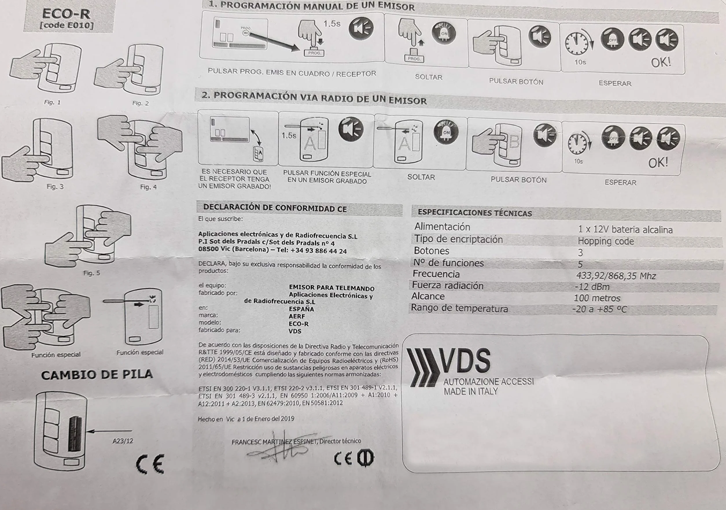 VDS Eco R Mando Garaje Frecuencia 433Mhz 5 Canales Código Evolutivo Compatible Puertas Garaje Y Motores VDS