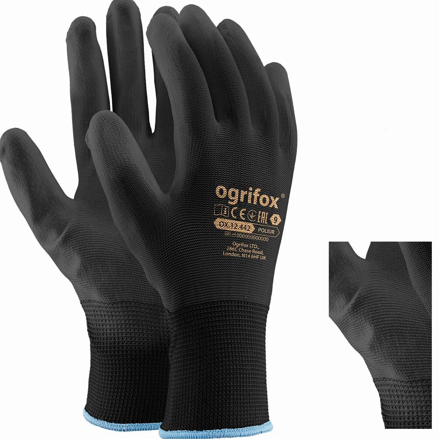 Guantes de trabajo de nailon negro revestidos de poliuretano AJS LTD® L-9 24 pares para jardinería construcción mecánica