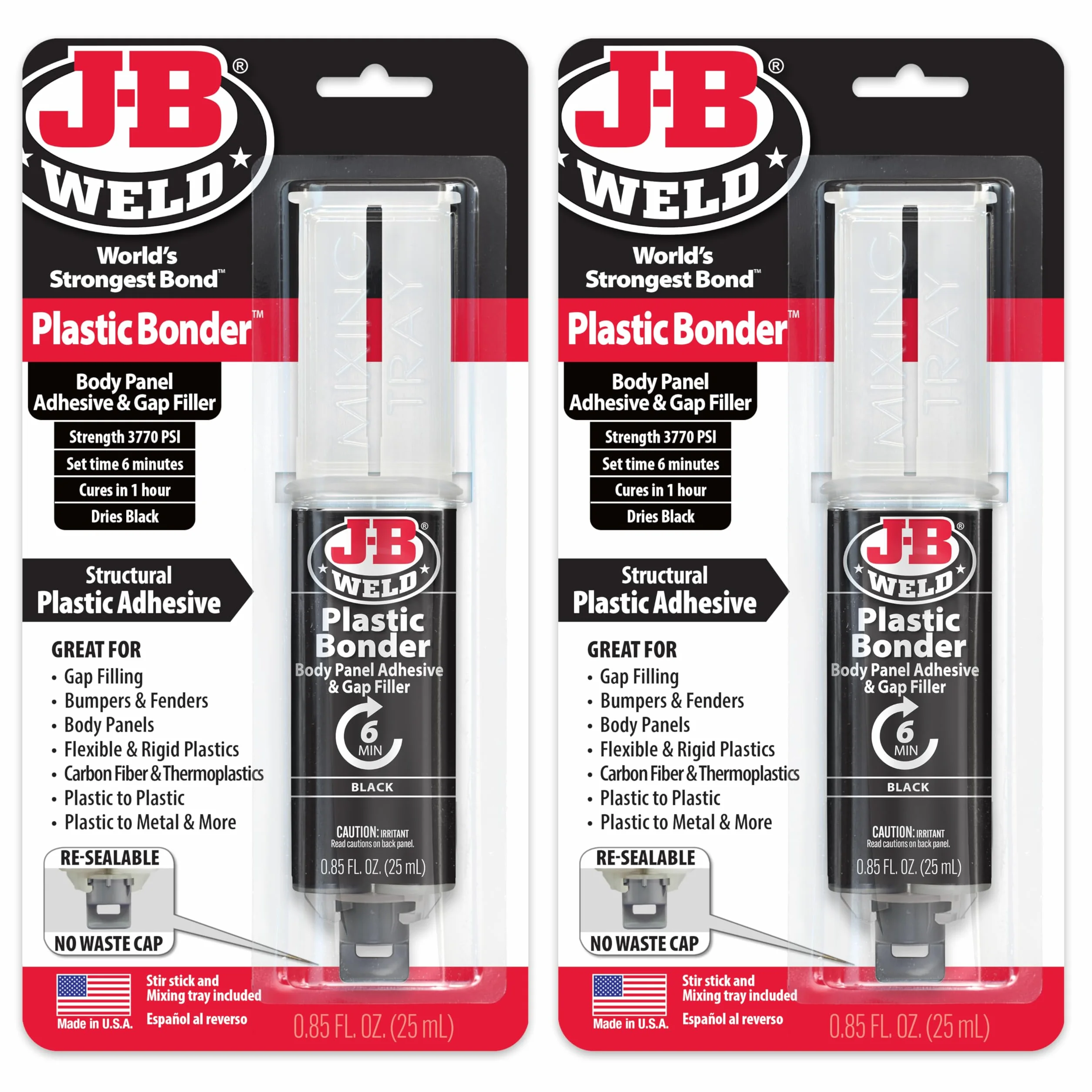 J-B Weld 50139 Adhesivo de plástico para panel de unión y jeringa de relleno de huecos, se seca en negro, 25 ml (2)