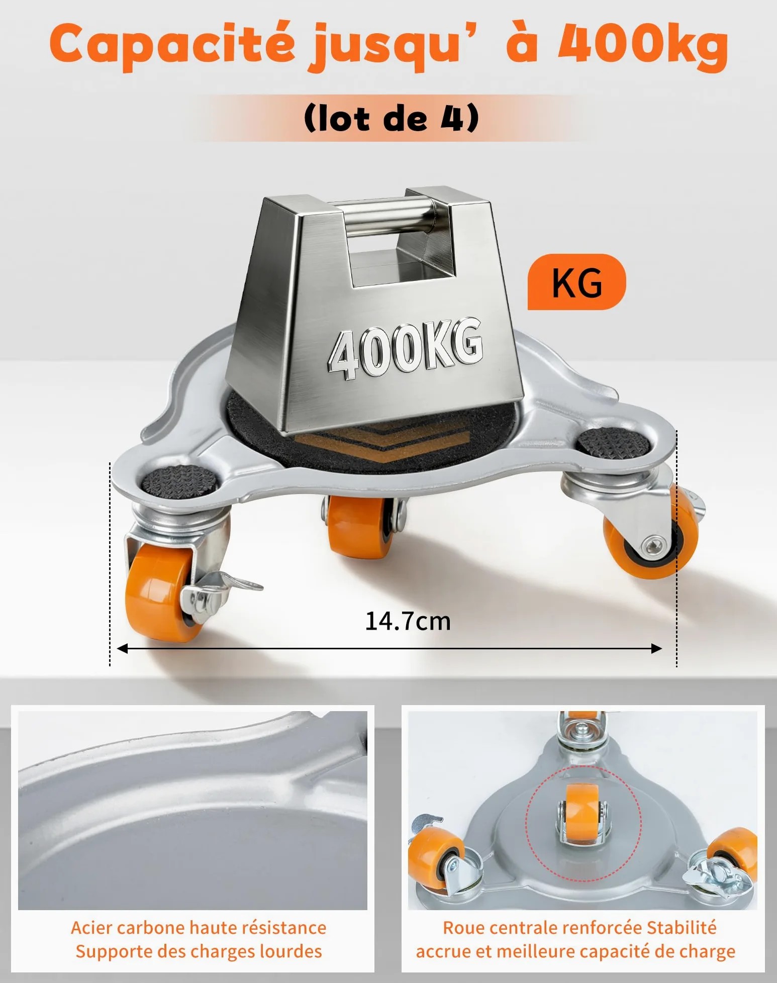 Kit de 4 Rodamientos Deslizantes y 1 Levantador – Mover Muebles de hasta 400 kg, Ruedas de TPE con Giro Total, Ideal para Sofás, Camas, Electrodomésticos