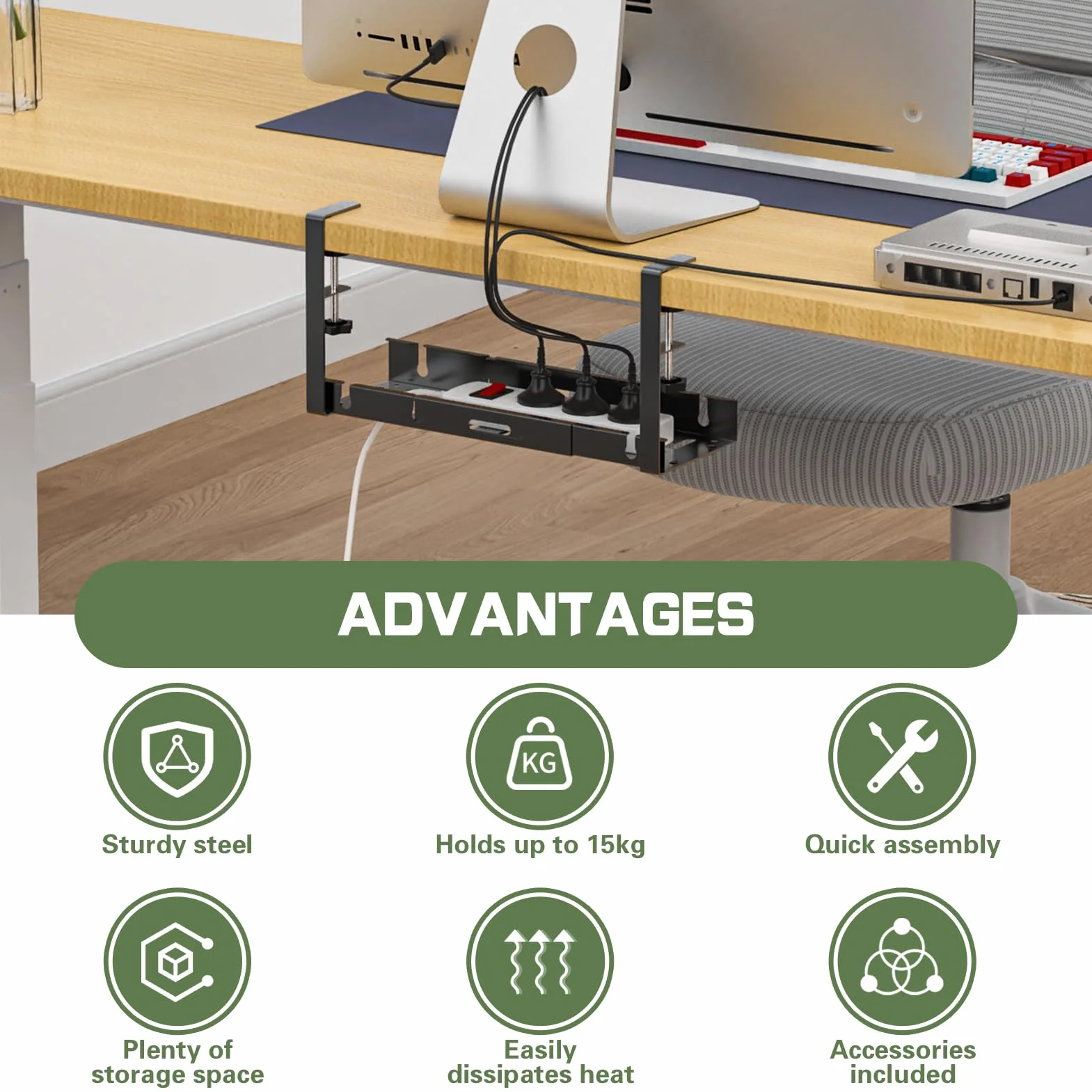 Avmvnvc Bandeja Organizador Cables Escritorio - Bandeja Cables Escritorio Retráctiles de 35CM a 53,5CM - Recoge Cables Mesa Escritorio sin Taladros - Cable Management para Hogar y Oficina