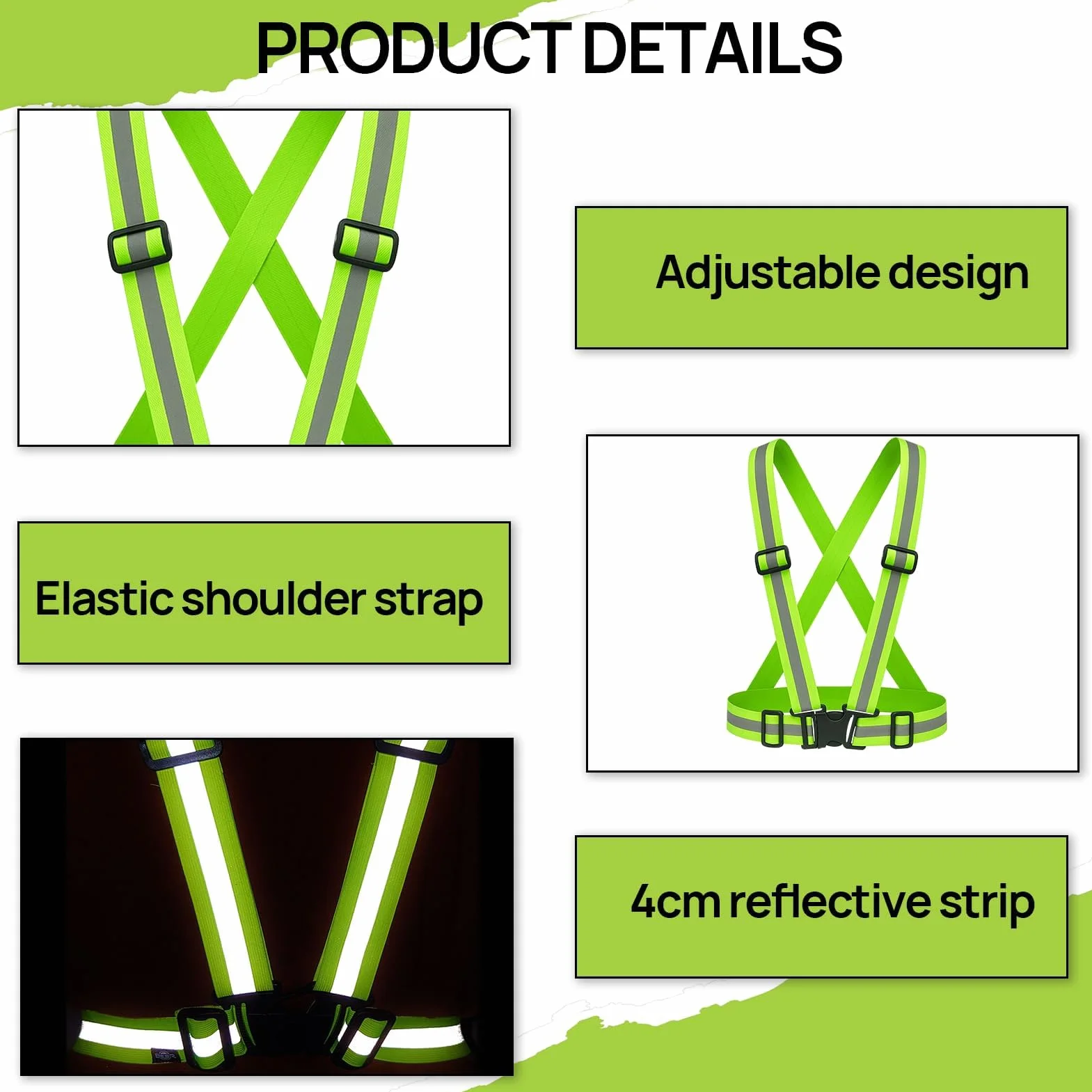 Chaleco reflectante de alta visibilidad de 2 piezas, cintura elástica ajustable, chaleco de seguridad transpirable para exteriores, para hombres y mujeres, ciclismo, motociclismo, jogging, verde