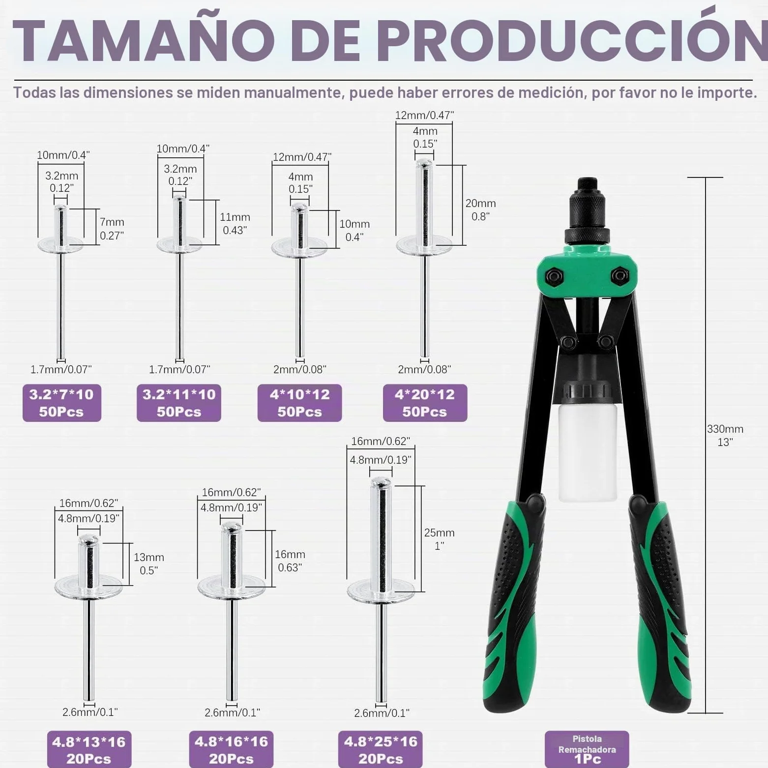 Swpeet 261 Pistolas de Remache Pop de 3/16 Pulgadas 1/8 Pulgadas 5/32 Pulgadas M3.2/4/4.8 de 13 Pulgadas y 3 Cabezales de Remache Intercambiables con Brida Grande de Aluminio, Kit Surtido de Ciegos