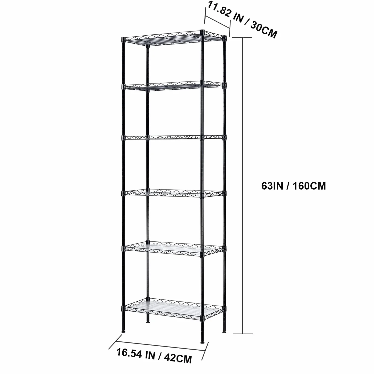 Estanterias almacenaje con 6 baldas,estanteria Metalica con 6 Baldas Ajustables y 4 Ganchos,42 * 30 * 160cm,Negro
