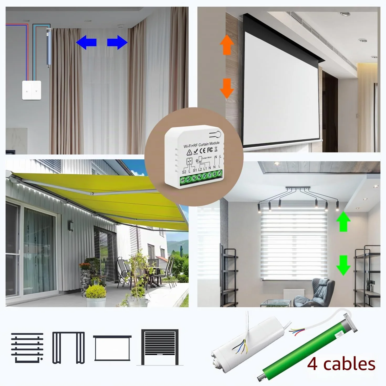 Interruptor Persianas WiFi RF433 Interruptor inalámbrico móvil, Relé de persianas temporizador inteligente para cortina eléctrica Compatible con Alexa Voice Google Home tuya APP Control, 500W