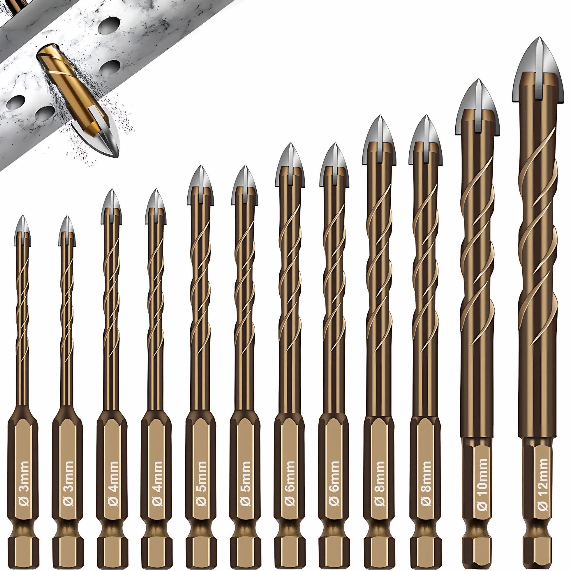 12 Piezas Brocas Porcelanico, Broca Ceramica Ø 3-12 mm, Juego Hexagonal Brocas para Azulejos, Metal, Pared, Ladrillo, Vidrio, Plástico, Madera