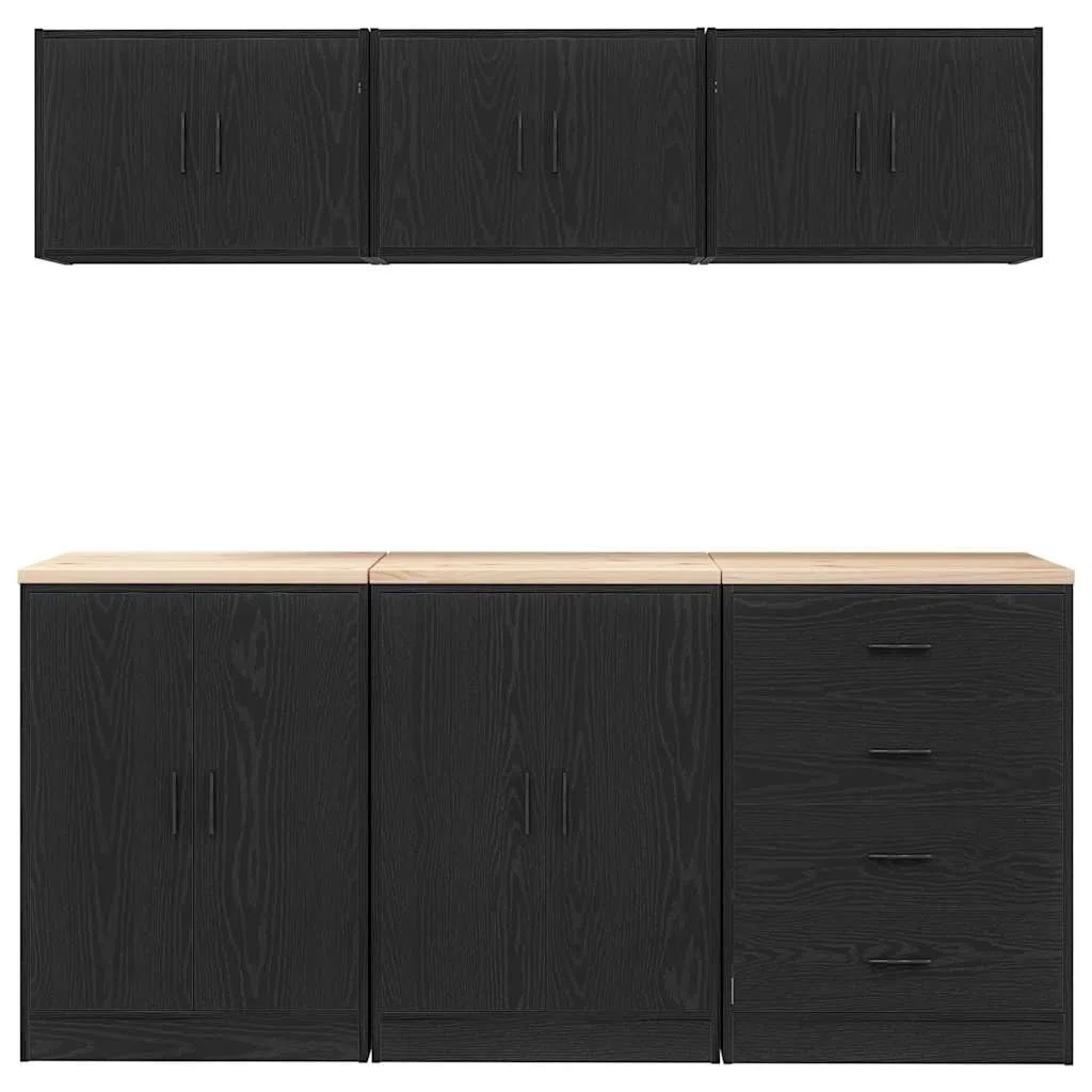 Juego de 6 armarios de garaje de madera, color negro, para garaje, taller, almacenamiento, capacidad de carga de 60 kg, con puertas, cajones y montaje en pared, orden para herramientas y