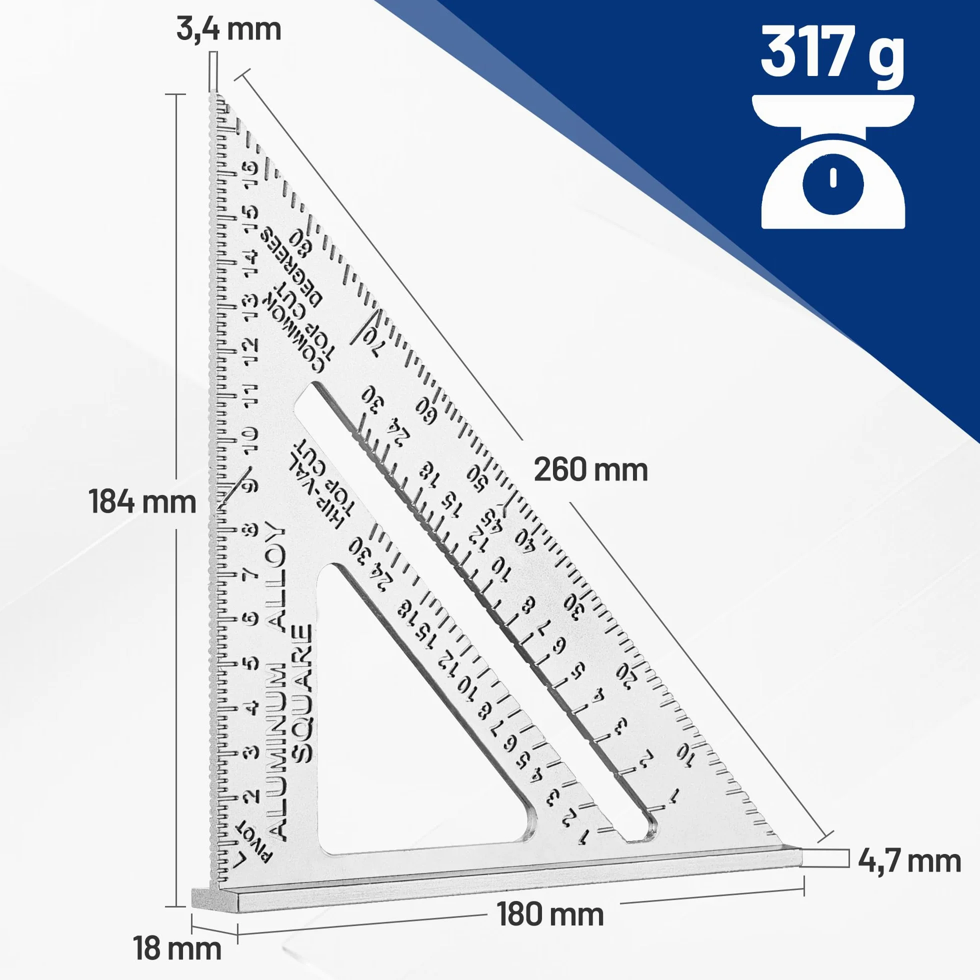 WORKPRO Escuadra de Carpintería 180mm, Regla de Triángulo, Herramienta de Medición para Carpintero, Escuadras para Carpintería Métrica, Cuadrado de Carpintero de Aleación de Aluminio