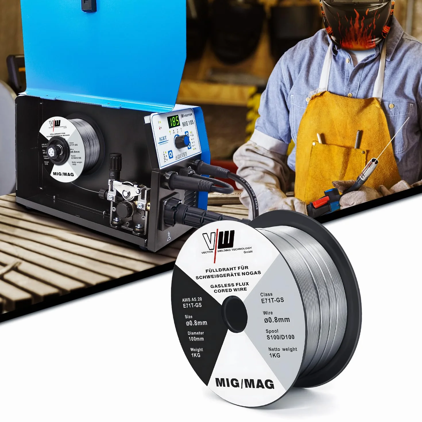 VECTOR WELDING Alambre de Soldadura D100/S100 MIG MAG de 1 kg, E71T-GS Hilo de Soldar sin Gas, 0,8 mm, 2 Unidades, Uso universal