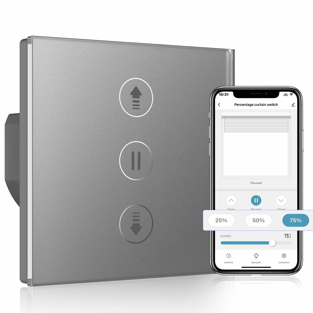 Interruptor Persiana Wifi Porcentual 80 * 80mm, Interruptor de Persiana Inteligente Control por Voz Compatible con Alexa/Google Home/Smart Life, Requiere Cable Neutro, Gris