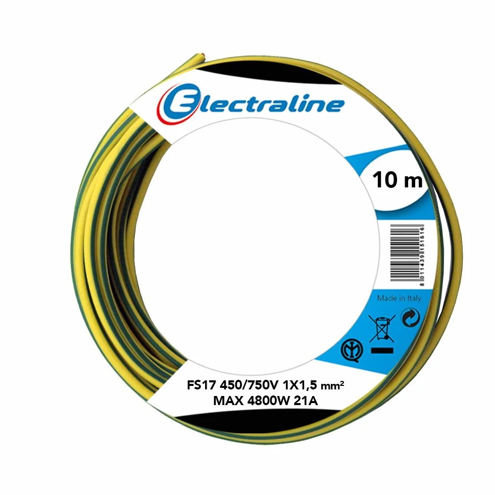 Electraline 13101 Cable unipolar FS17, sección 1 x 1.5 mm², Amarillo/Verde, 10 m