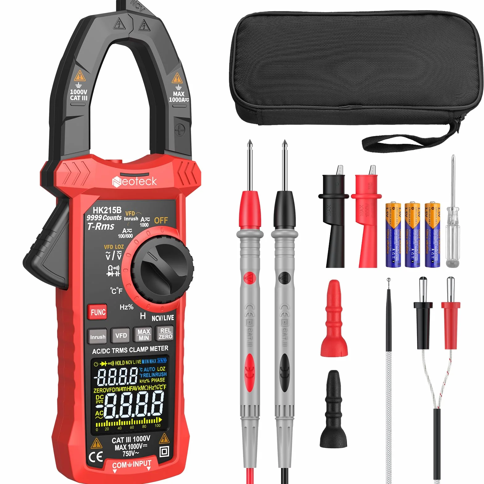 Neoteck Pinza Amperimétrica 9999Cuentas TRMS 1000A Pinza Multímetro con Modo de VFD&LOZ Multimetro Digital para Voltaje y Corriente AC/DC,NCV,Corriente de Irrupción, Inductancia,Resistencia,Diodo