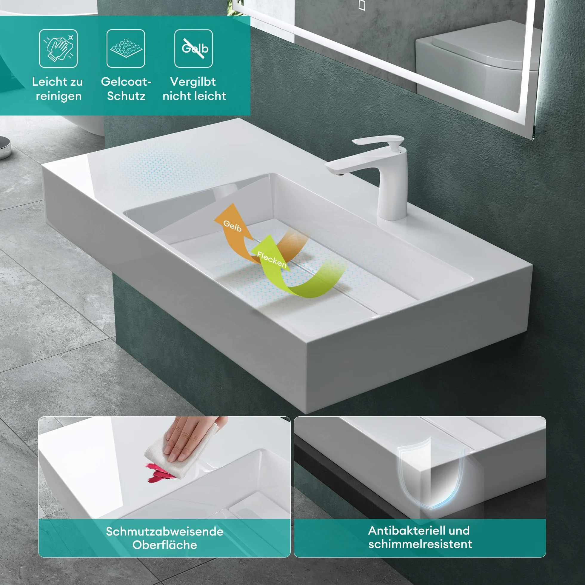Mai & Mai Lavabo sobre Encimera Lavabo Derecho Suspendido Baño | Rectangular | Blanco Brillante | Mármol Fundido | 75x43x14cm | 1 Orificio para Grifo sin Rebosadero | Colossum12