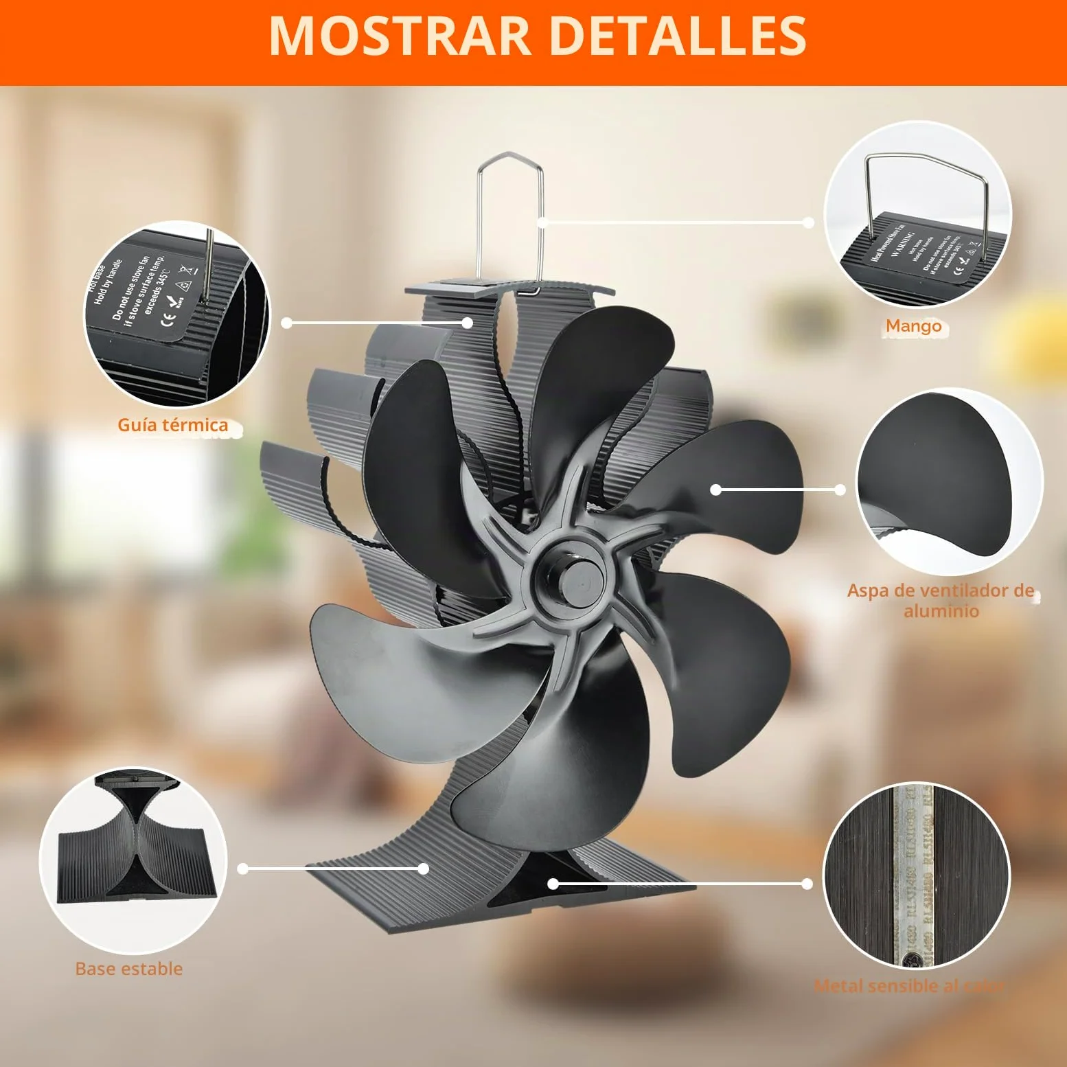 Ventilador Poele de madera,Ventilador de Poele de 6 hojas, Ventilador de estufa de leña Ecológico y de bajo consumo de energía, Funcionamiento silencioso