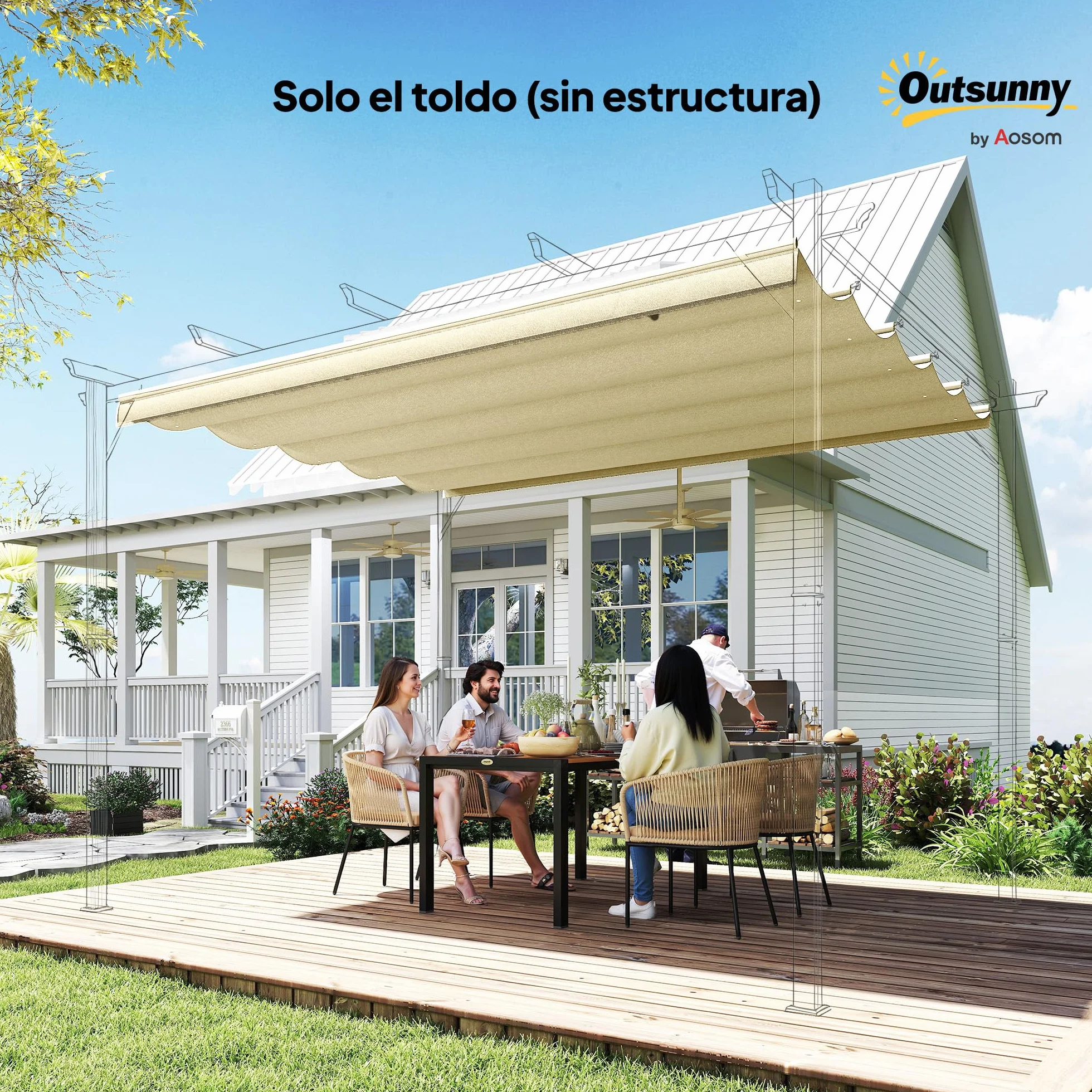 Outsunny Techo de Pérgola 3,5x2,6 m, Repuesto Retráctil UV30+, Toldo Jardín Crema