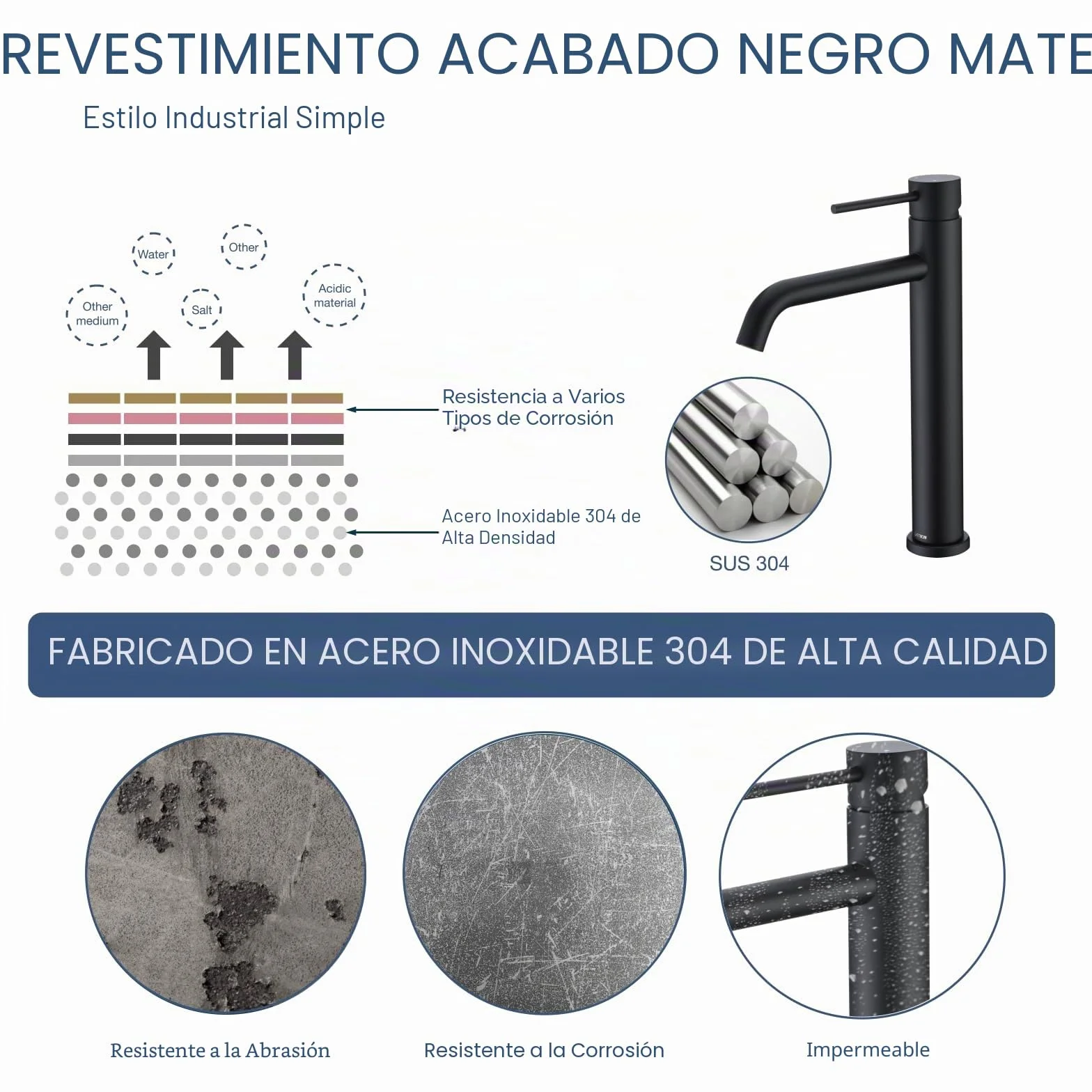 Grifo Lavabo Alto Negro Mate, DETBOM Grifo Monomando Lavabo Agua Fría y Caliente, Grifos para Lavabo de Encimera, Mezclador de Baño de Acero Inoxidable 304, Aireador Extraíble, Altura de Caño 204mm