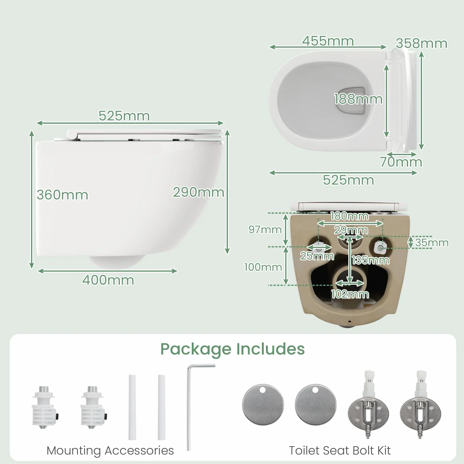 LIFEZEAL Inodoro Suspendido de Cerámica, Sanitarios de Pared con Tapa Extraíble y Cierre Lento, Sistema Doble Descarga Ahorro de Agua, Fácil Limpieza sin Bordes