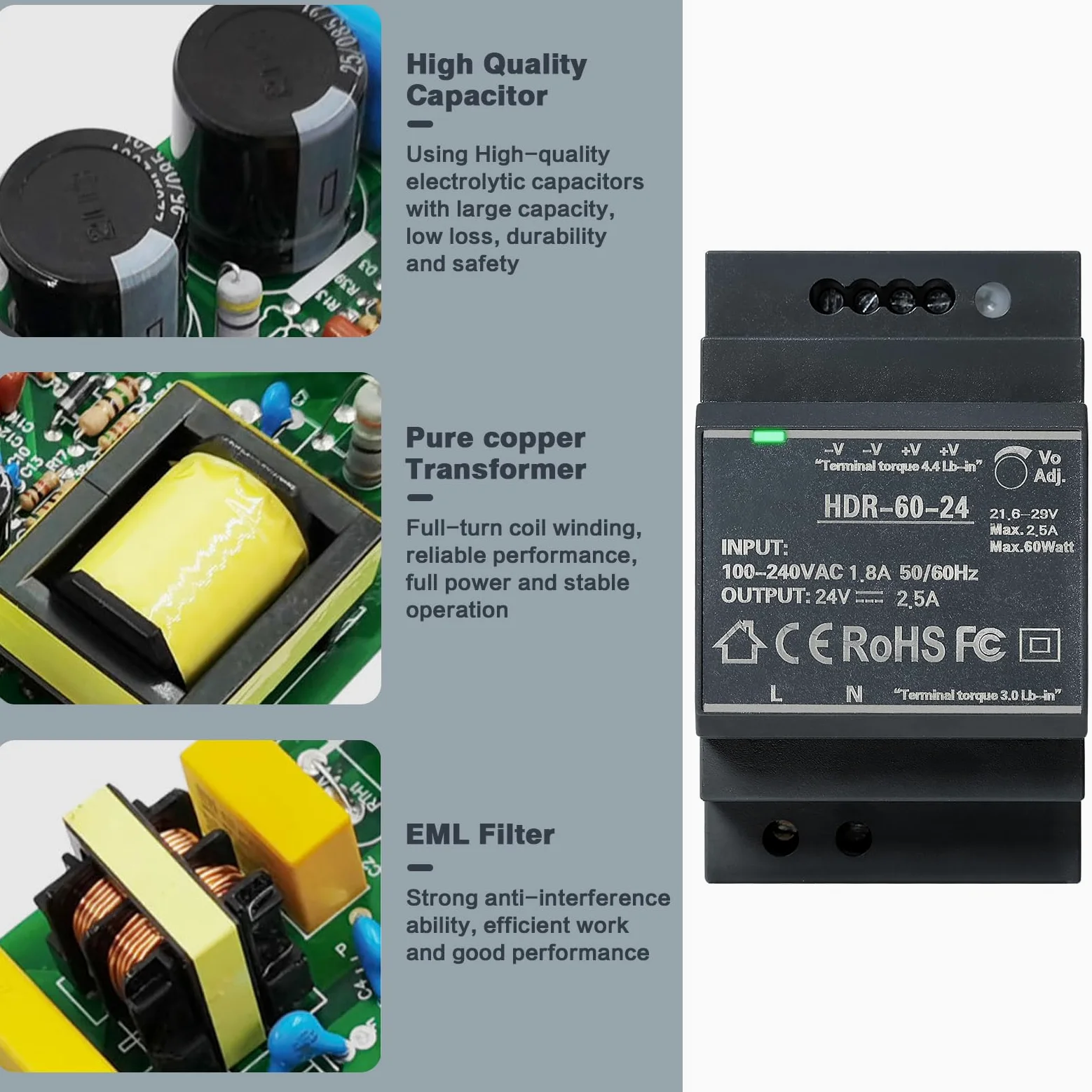 DEWIN Fuente de Alimentación Conmutada 24v, HDR-60W Fuente de Alimentación Conmutada de Transformador de Riel DIN para Equipos de Automatización Industrial (Color : DC 24V 2.5A)