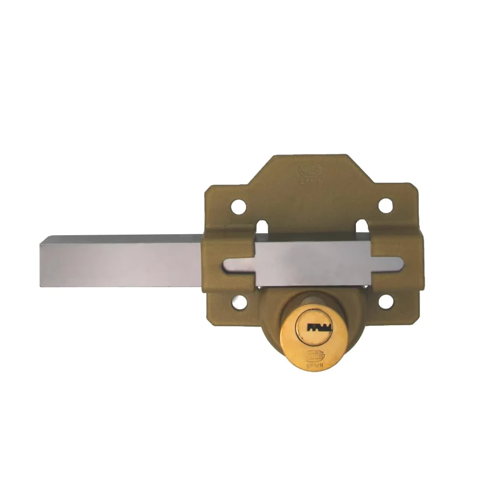 Amig - Cerrojo para Puerta - 88 x 153 mm - Con Cilindro Redondo de Seguridad - Cilindro Interior de 34 mm - Incluye 5 Llaves de Punto - Acero Acabado Martelé