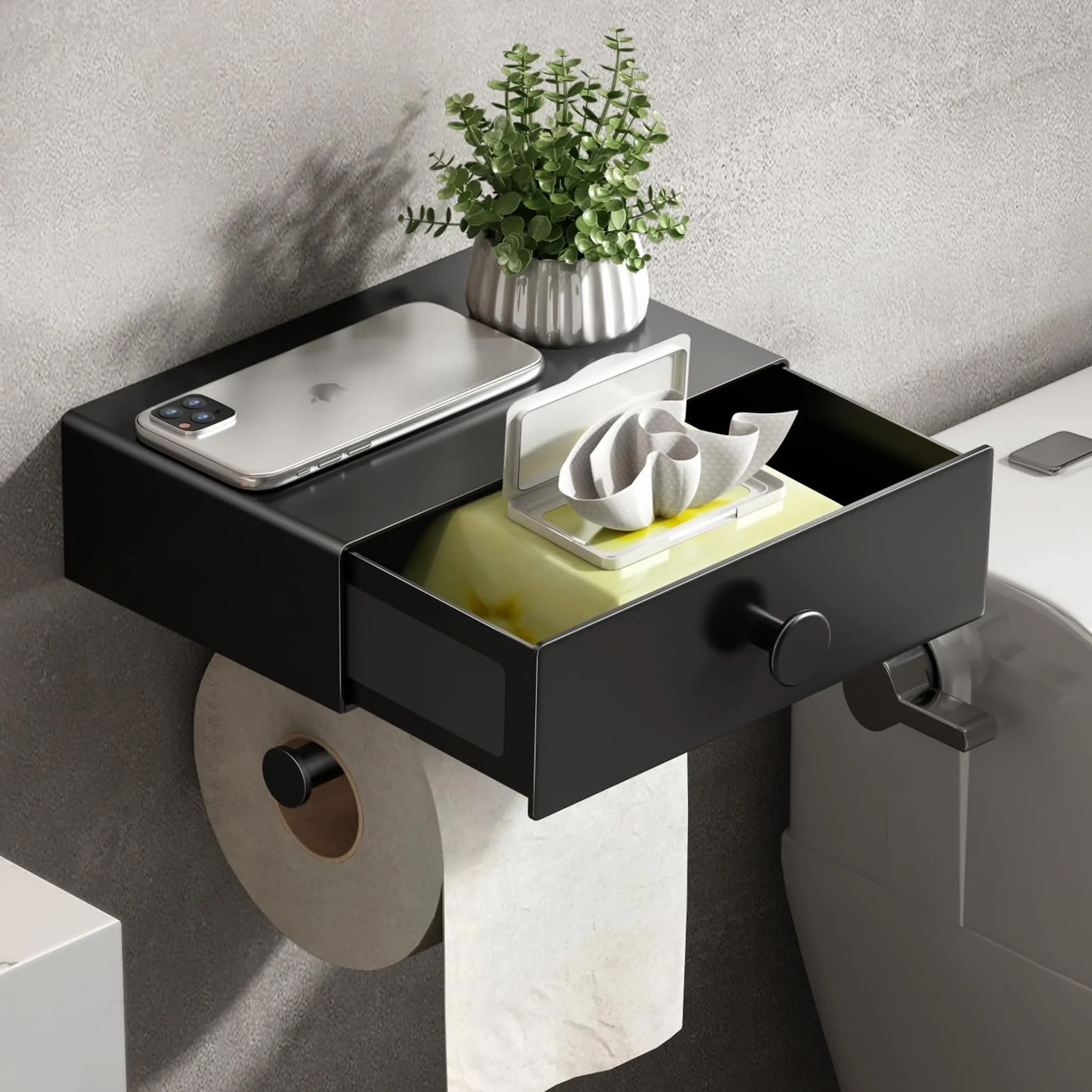 VOLDRA Portarrollos Papel Higienico Adhesivo, Porta Rollos de Papel Higienico con Estante de BañO Sin Taladro Soporte Rollo Papel Higienico con CajóN para Toallitas Toilet Paper Holder(Negro)