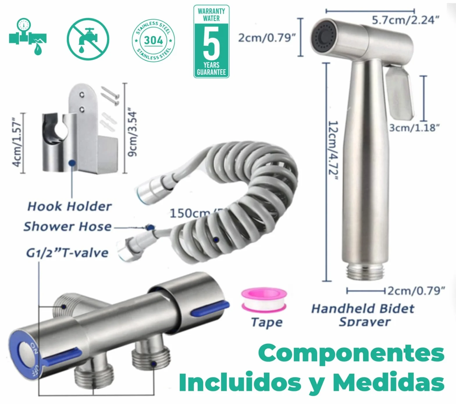 CHILL HOUSE Ducha Higienica para WC en Acero Inox con Grifo bidet, Manguera y Ducha bidet para Inodoro Completo - Grifo para WC con Ducha inodoro para Duchas Higienicas