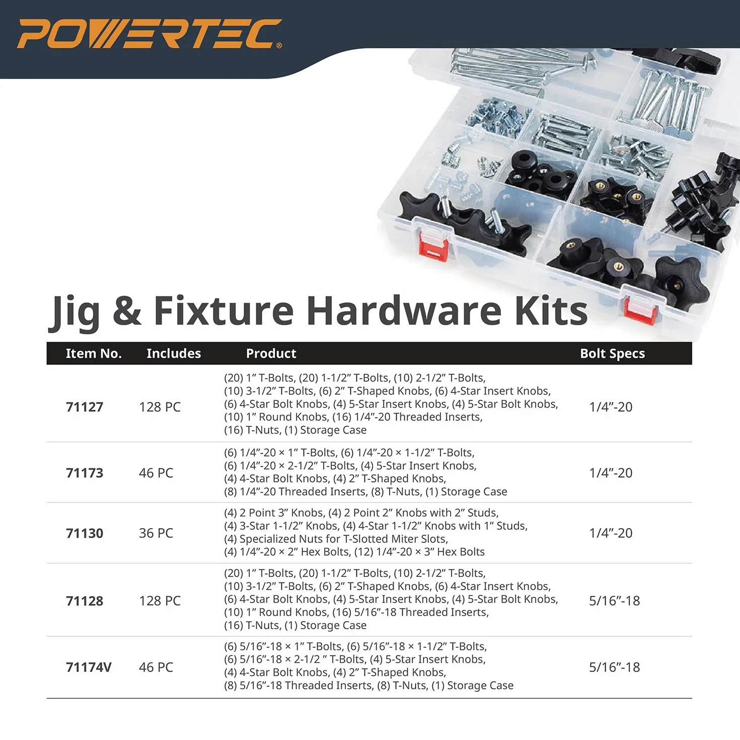 POWERTEC 71121 Kit de pomos en T con perillas roscadas y pernos en T de 5/16 a 18 para carpintería, juego de 16 piezas