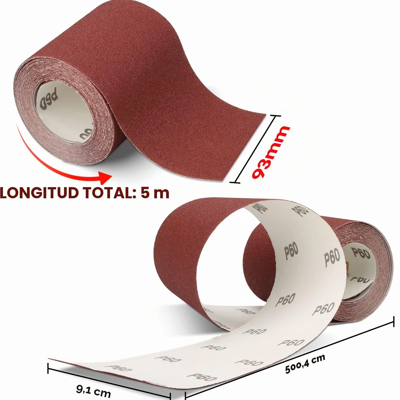 SHALL Juego de 5 rollos de papel de lija 9,3 cm x 5 m, grano 60/80/120/180/240, óxido de aluminio para lijar y pulir