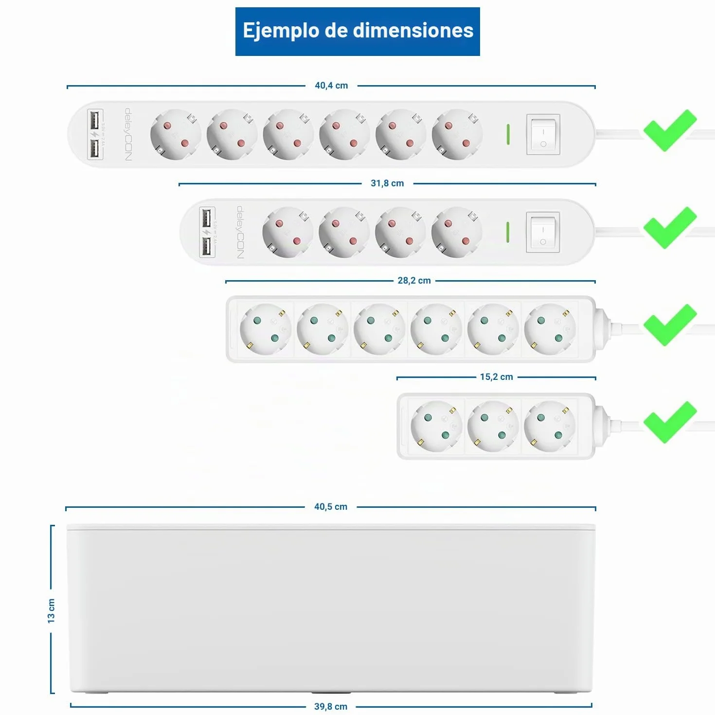 deleyCON Caja para Gestionar Caja Organizadora de Cables 40,5cm x 15,3cm x 13cm Plástico Robusto 2 Guías de Cables Protección y Seguridad Blanco