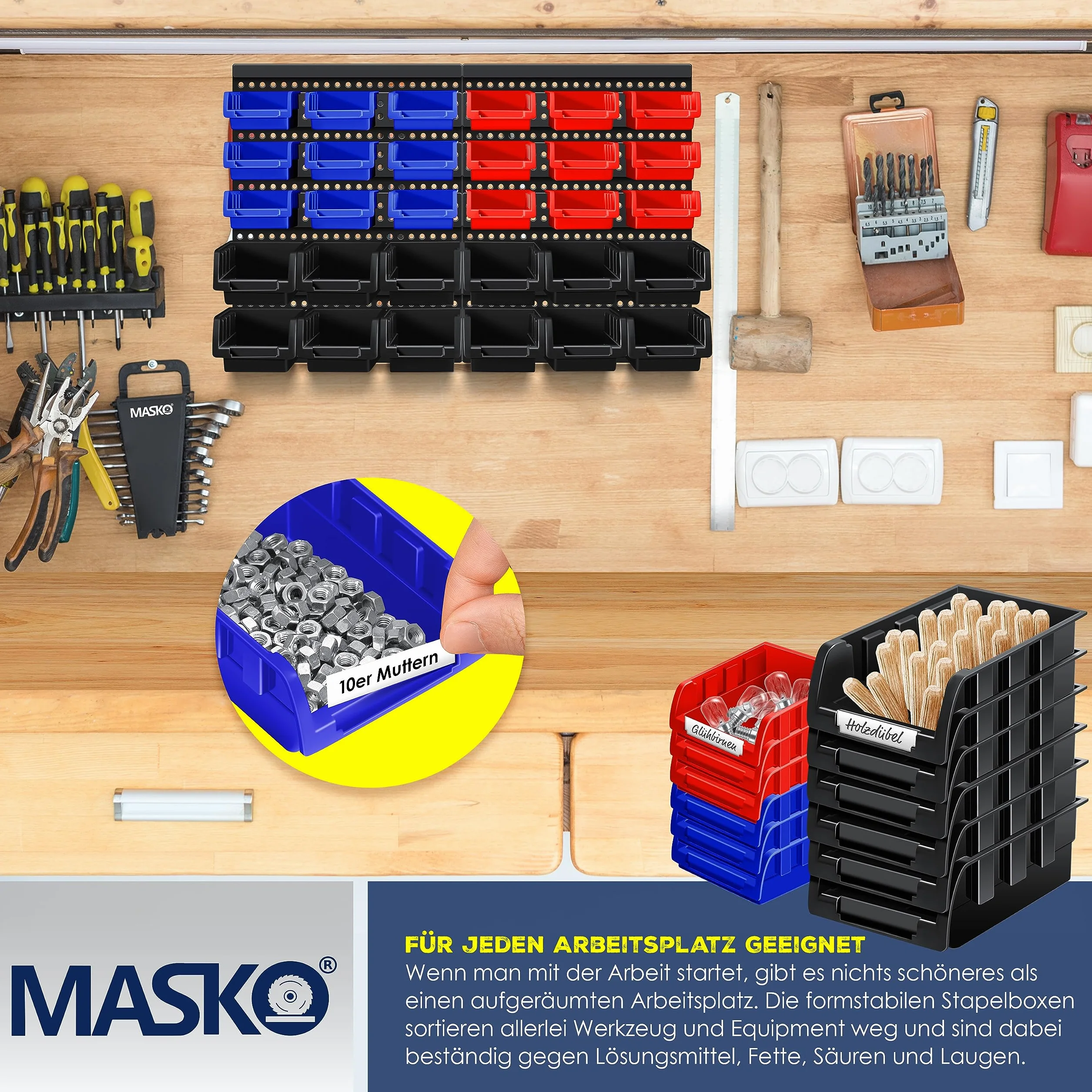 MASKO® Cajas Apilables, Estante de Pared, Cajas de Almacenamiento visibles, Estante Basculante, Estante Enchufable, 32 partes - Negro/Azul/Rojo