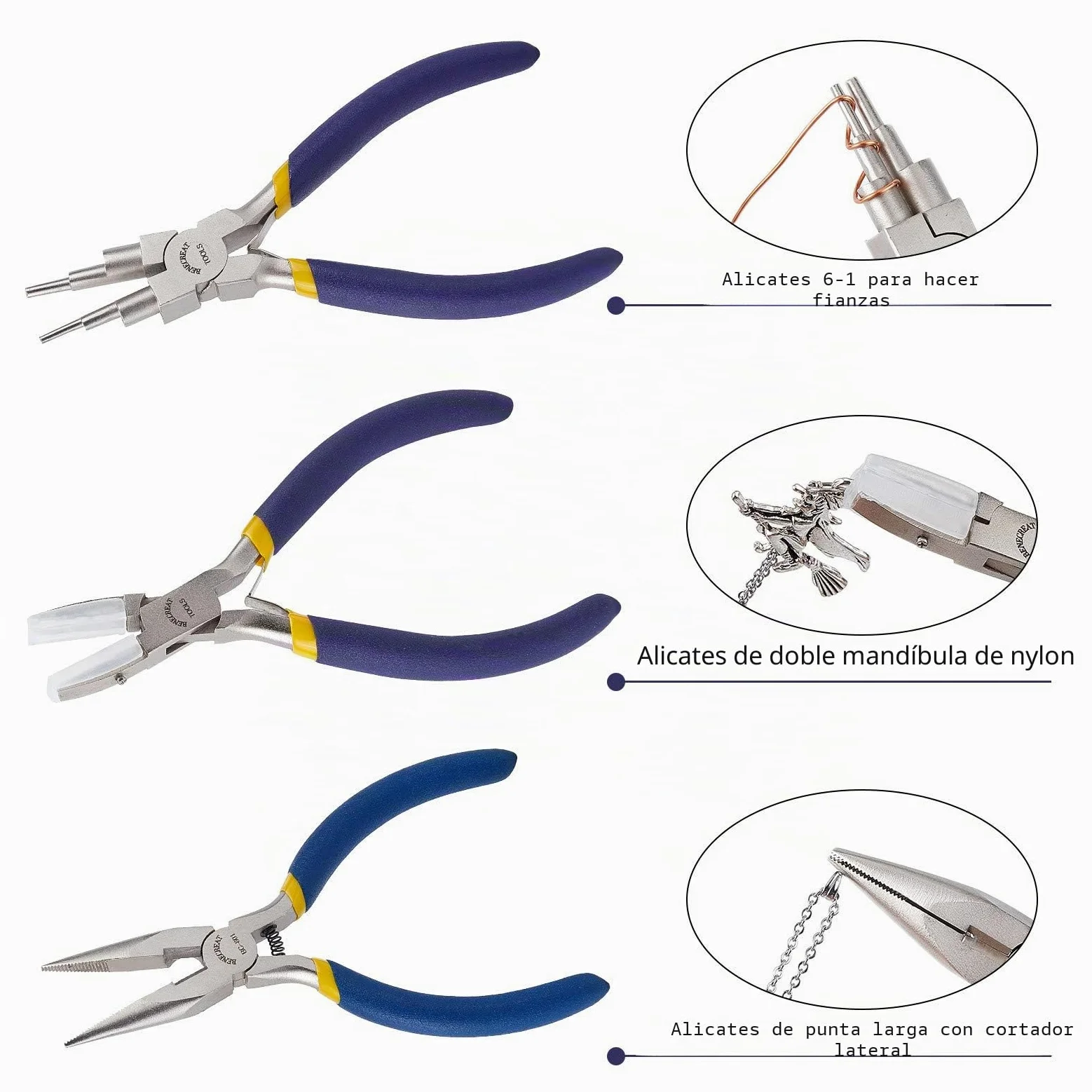 BENECREAT 3 Piezas Alicates para Joyería, 6 en 1 Alicate para Hacer Bucles, Alicates Dobles para Joyería de Nailon y Alicate con Punta de Cadena para Fabricación de Bisutería