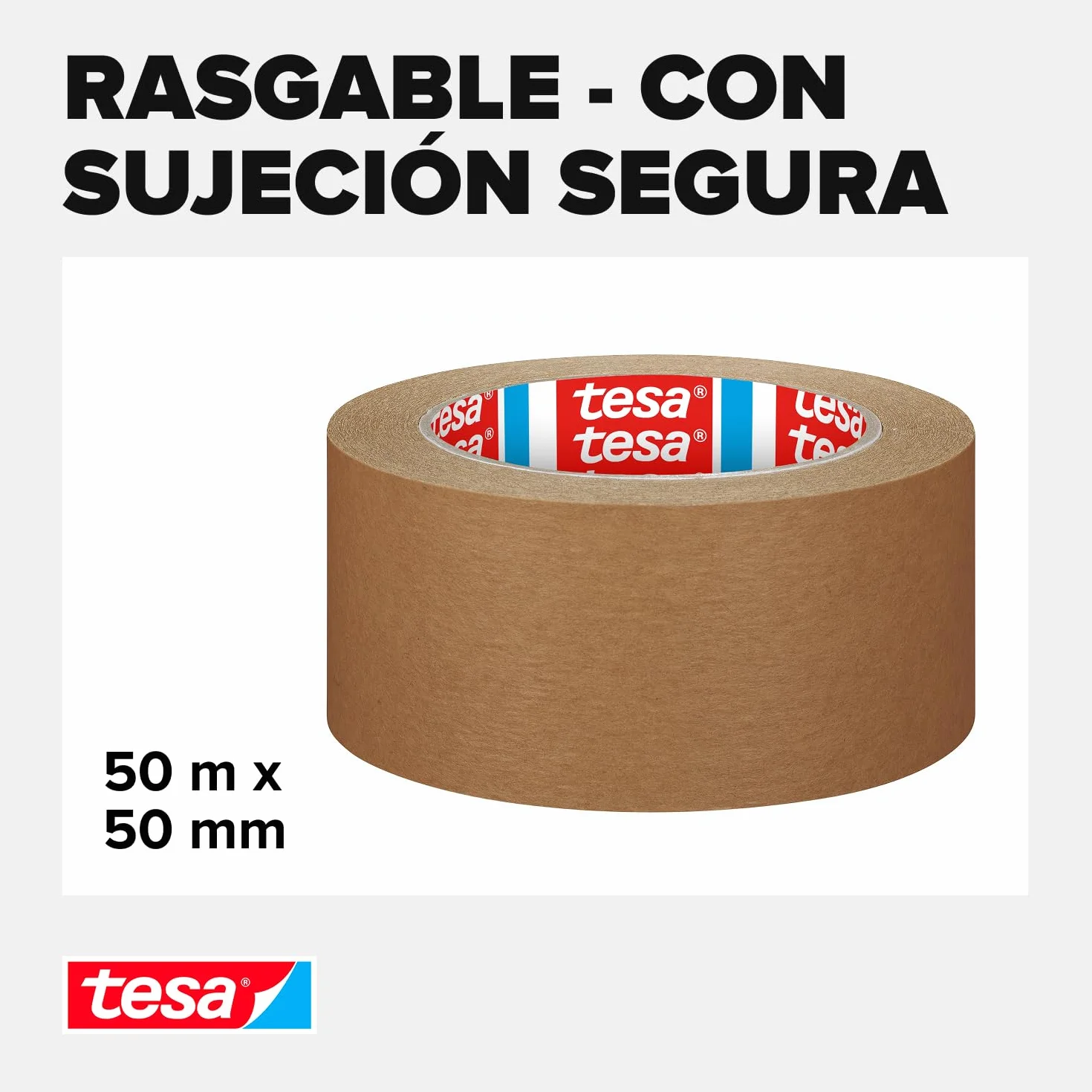 tesa tesapack STANDARD PAPER - Cinta de embalaje de papel - 56% de materiales renovables - Rasgable a mano - Cinta de embalaje para paquetes ligeros - Marrón - 50 m x 50 mm