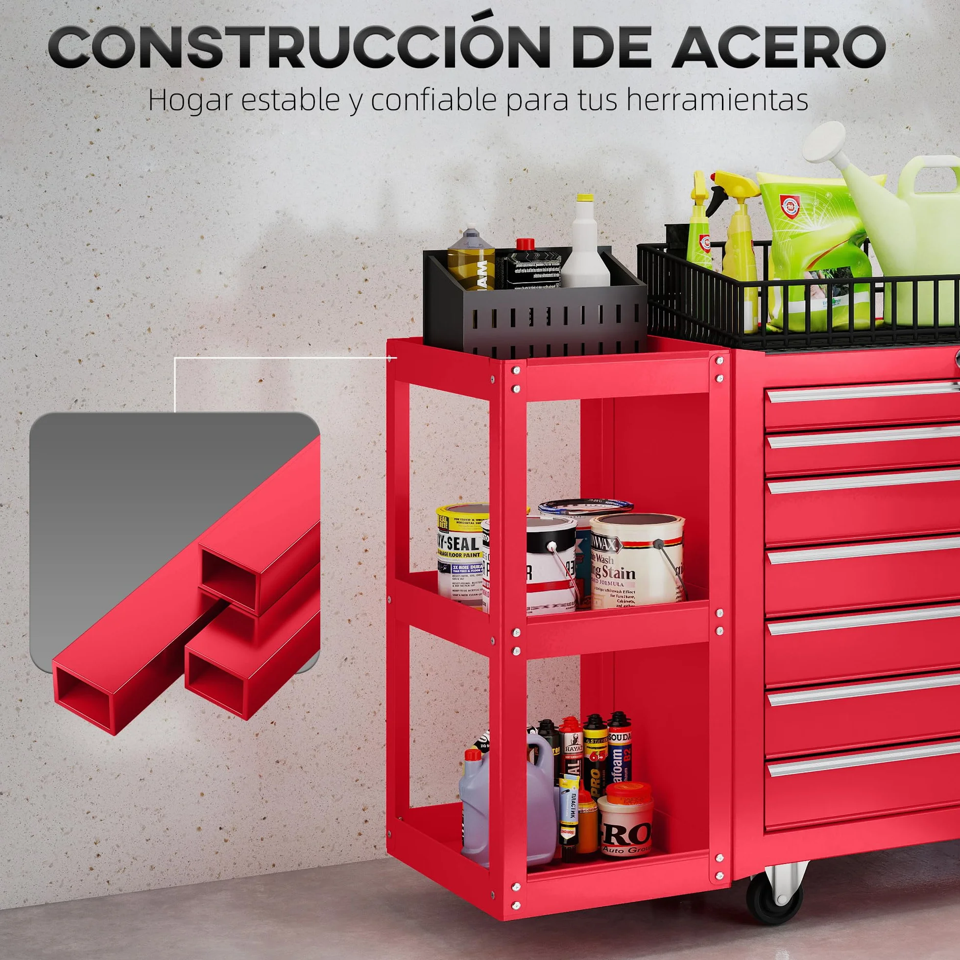 HOMCOM Carro de Herramientas 7 Cajones, Taller Estantería 3 Niveles Desmontable, Cierre Central, Asa, Ruedas Freno, Rojo