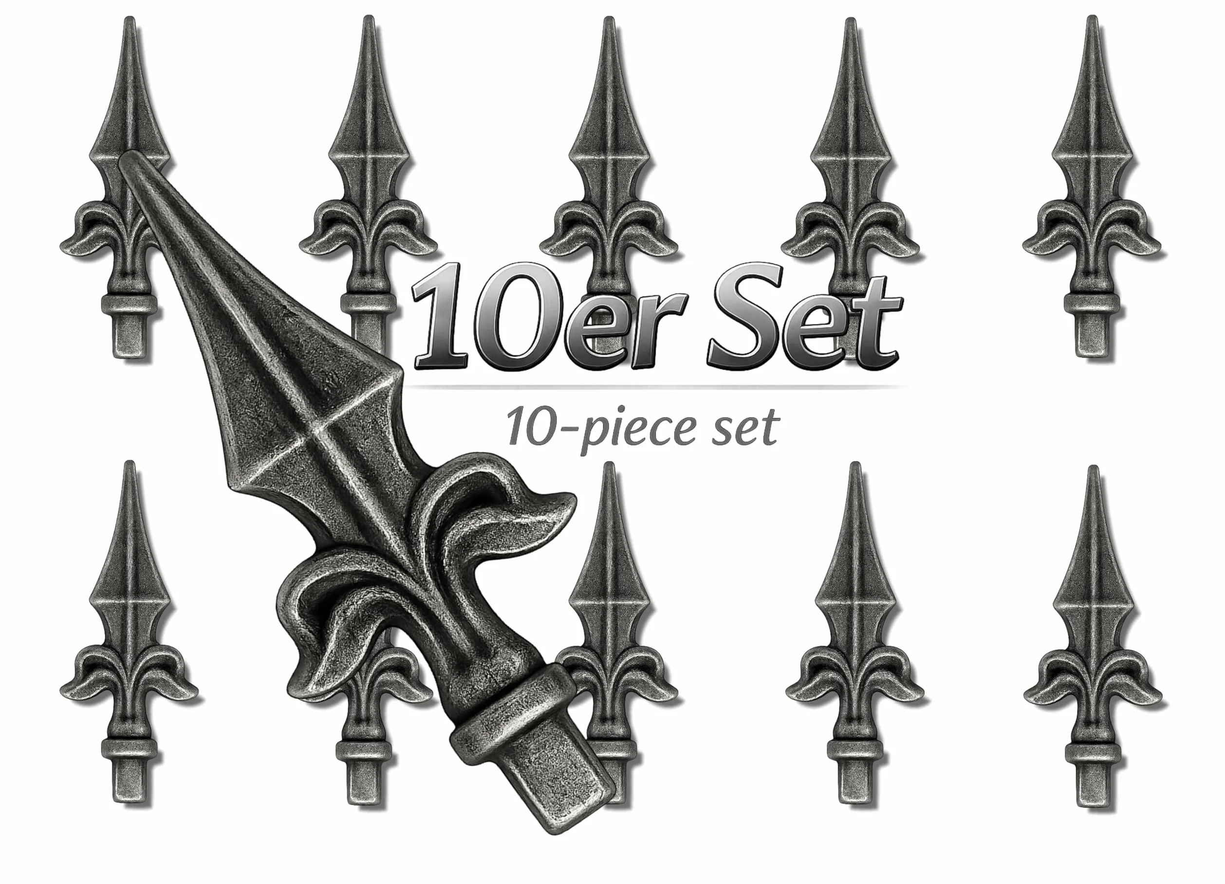 Punta de valla de hierro forjado, 10 piezas forjadas de acero, punta decorativa rústica de hierro, punta de metal, punta de lanza (130x55mm, 10 uds., diámetro de acoplamiento Ø12mm)