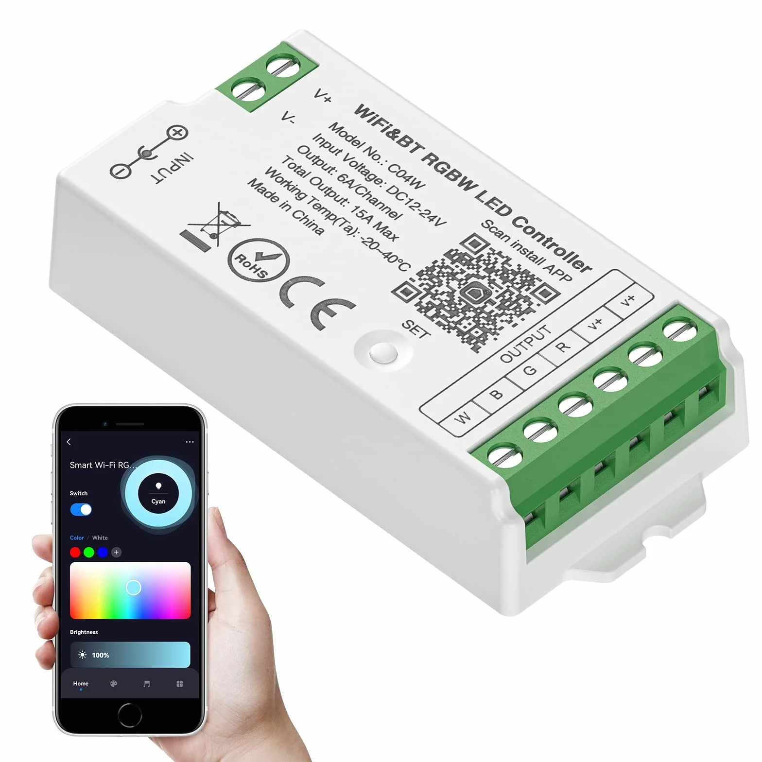 SEZO C04W RGBW WiFi Bluetooth LED Controller Gruppensteuerung Kompatibel mit Alexa Google Home/Tuya Smart Life APP Steuerung Arbeit with RC03RFB RC03RFW Remote DC12-24V
