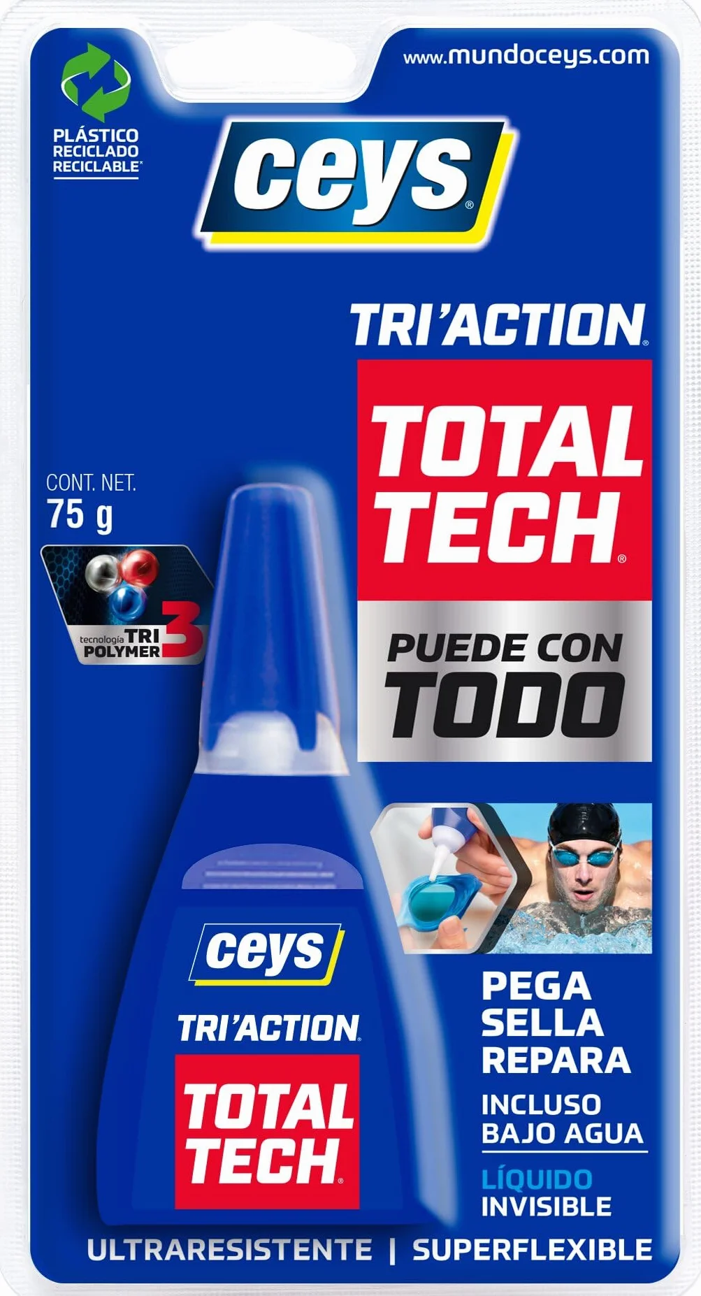 Ceys - Tri'action Total Tech - Pega, Sella y Repara - Incluso Bajo Agua - Líquido Invisible - Blister 75 G