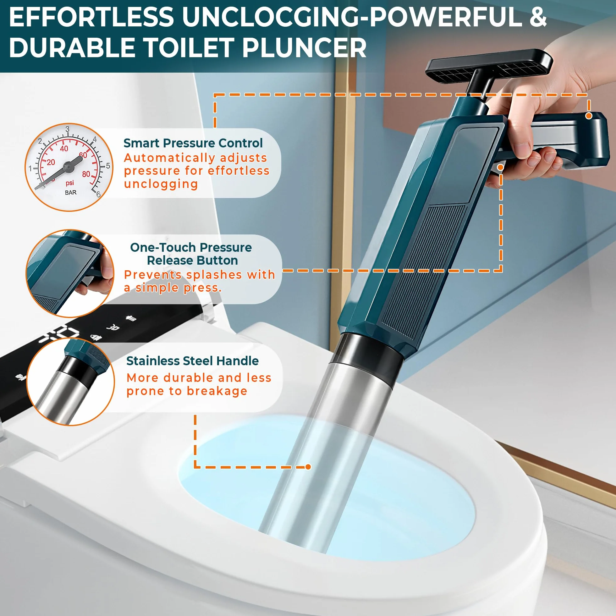 OLAX Desatascador de Tuberías con Aire Comprimido, Desatascador Profesional con 4 Cabezas de Pistón e Inflador, Kit de Desatascador wc para Inodoro, Lavabo, Ducha, Bañera y Fregadero de Cocina