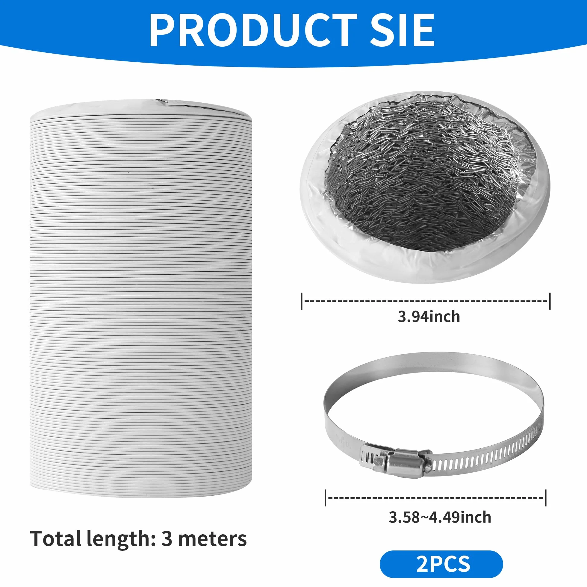 Tubo Flexible 100 mm x 3 m con 2 Abrazaderas Acero Inox – Tubo PVC-Aluminio para Sistemas de Ventilación, Climatización y Secado,Tubo Campana Extractora