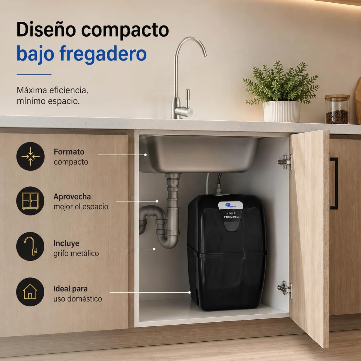 Bbagua Home Premium. Equipo de Osmosis Inversa Compacta de 5 Etapas, doméstico con Bomba de presión. Fácil Instalación bajo encimera y cambio de Filtros