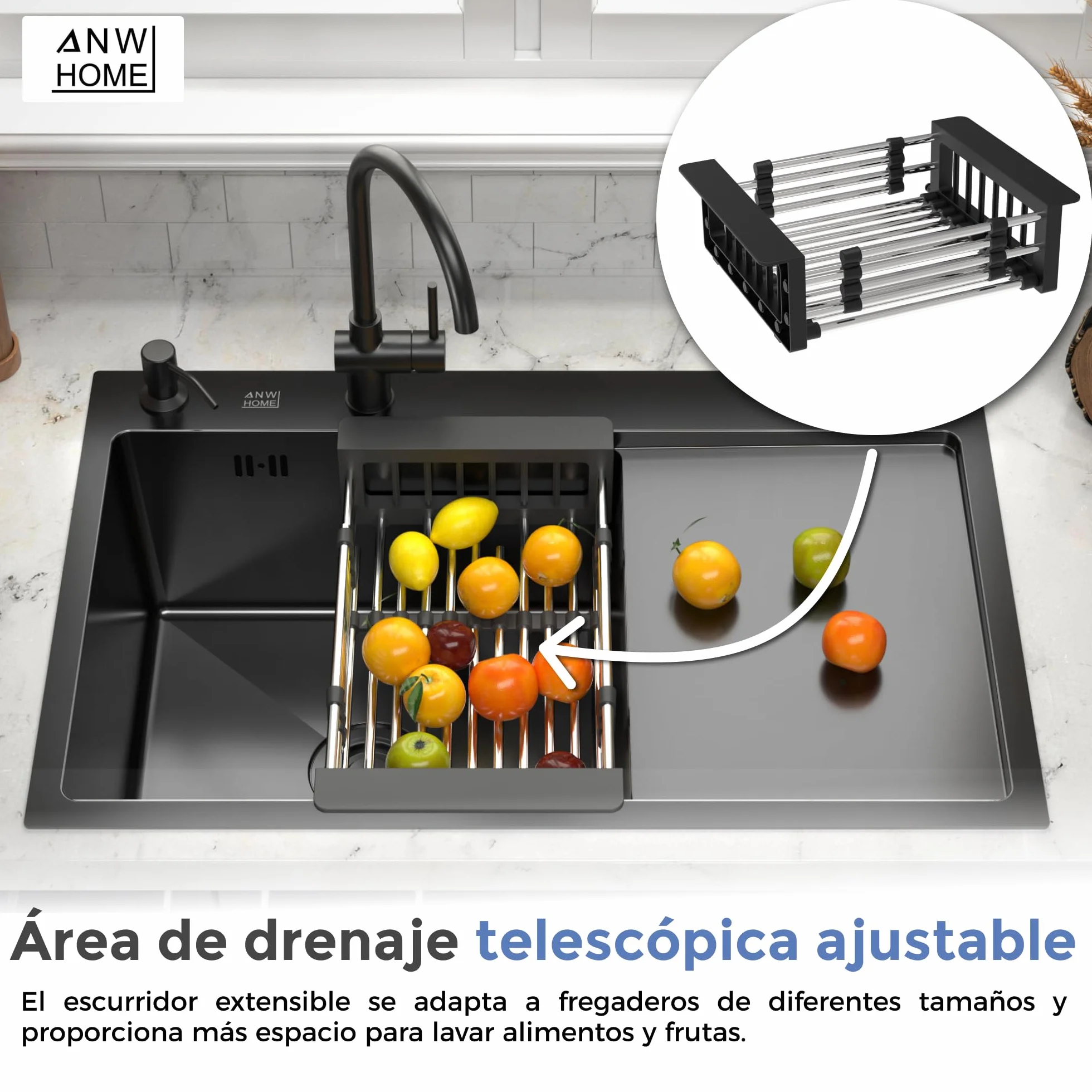 ANW HOME Fregadero Cocina 1 Seno Sobre Encimera con Escurridor, Acero Inoxidable 304, 78x50 cm, Grafito PVD, Acabado con Nano-Revestimiento, Grosor 3.0+1 mm, 22 cm, con Sifón, Dosificador y Cesta