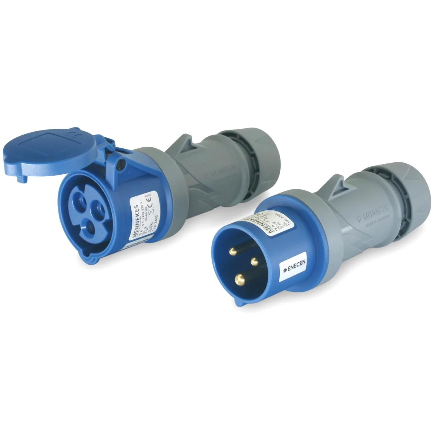 CEE - Juego de conectores y acopladores (230 V, 16 A, 3 p, IP44), color azul Mennekes