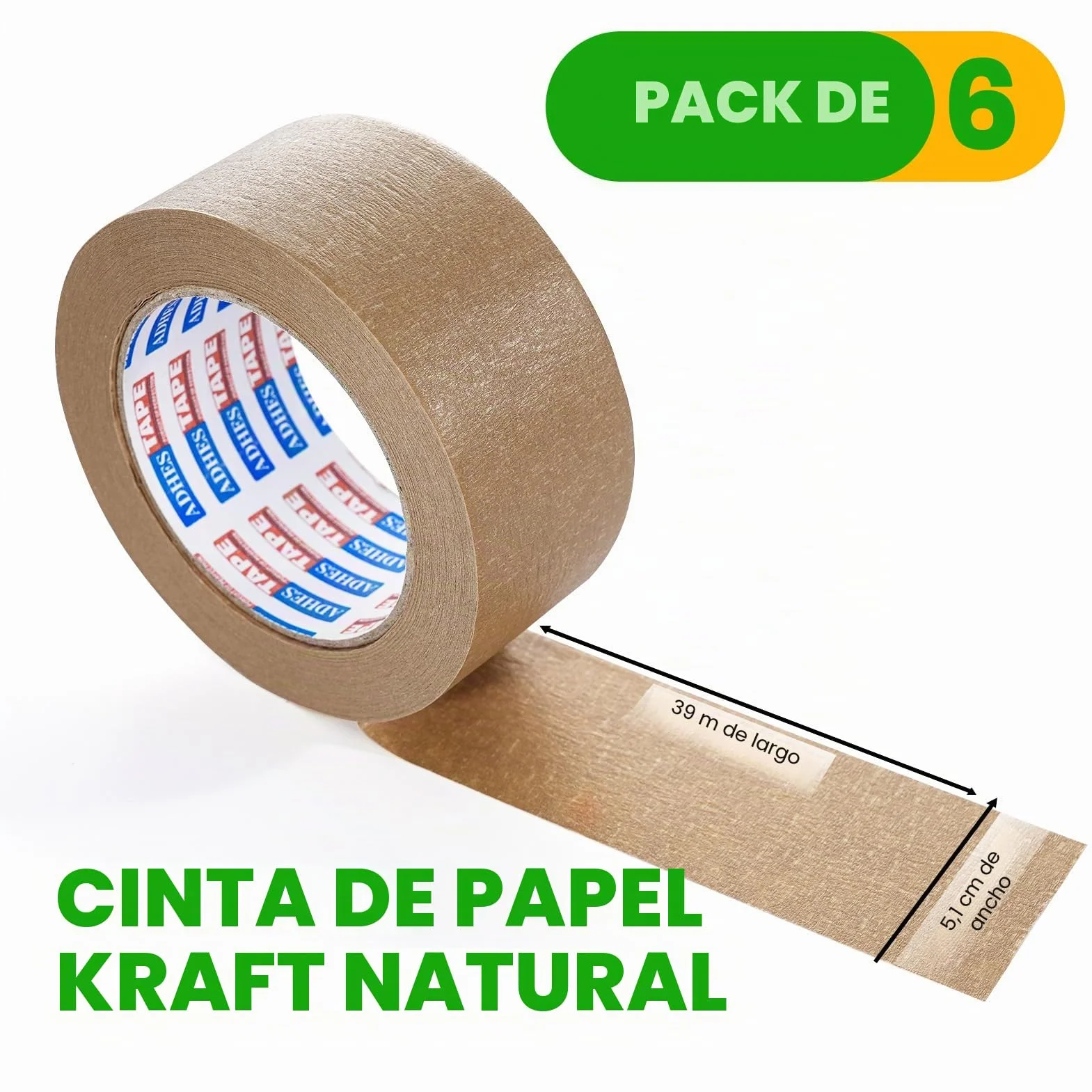 ADHES Cinta de embalaje de papel kraft Cinta adhesiva para paquetes y cajas reciclable ecológico marrón 50mm x 40m