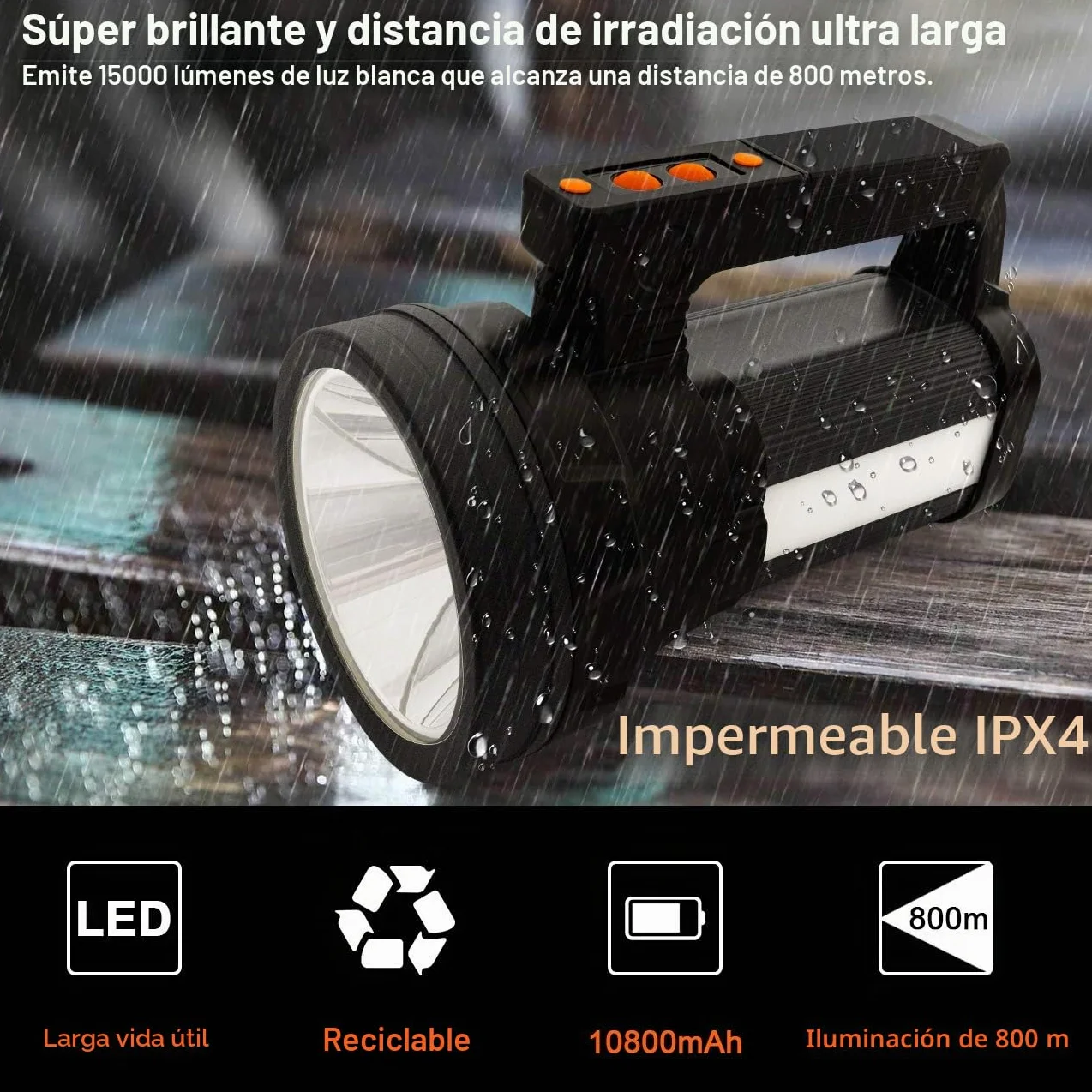 ERAY Linternas LED Alta Potencia 10800mAh - 15000LM, 6 Modos, IPX4 Impermeable, Correa & Cable USB Incluido, Linterna Grandes LED Recargable Ideal para Camping, Ciclismo, Emergencia, Pesca