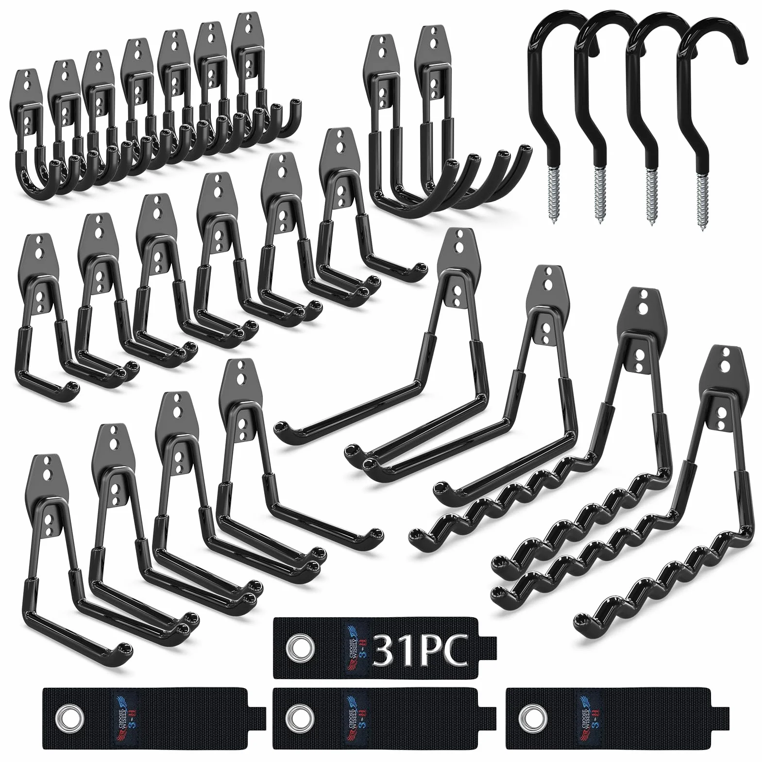 Ganchos de Garaje Resistentes de Acero, Paquete de 31, Organizador de Pared para Herramientas y Cables (negro)