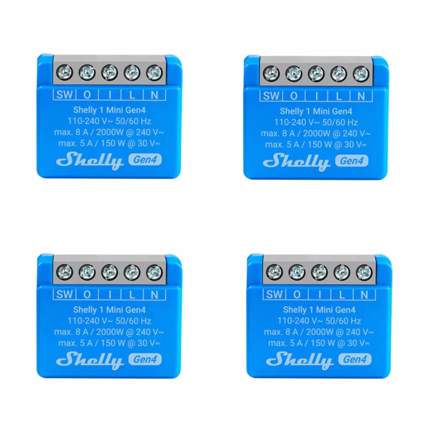 Shelly 1 Mini Gen4, paquete de 4, interruptor de relé inteligente WiFi, 1 canal, 8A, contacto sin potencial, automatización del hogar, control remoto, no se requiere hub, Alexa, Google Home, Apple