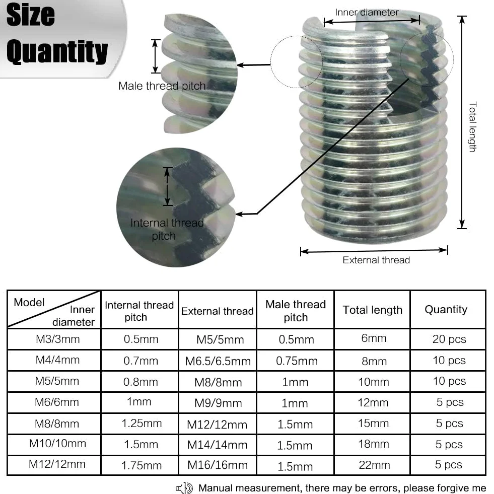 60 Piezas Insertos Roscados M3 M4 M5 M6 M8 M10 M12,Tornillo Inserto Ranurados Inserciones de Rosca Autorroscantes, Herramientas de Reparación de Roscas