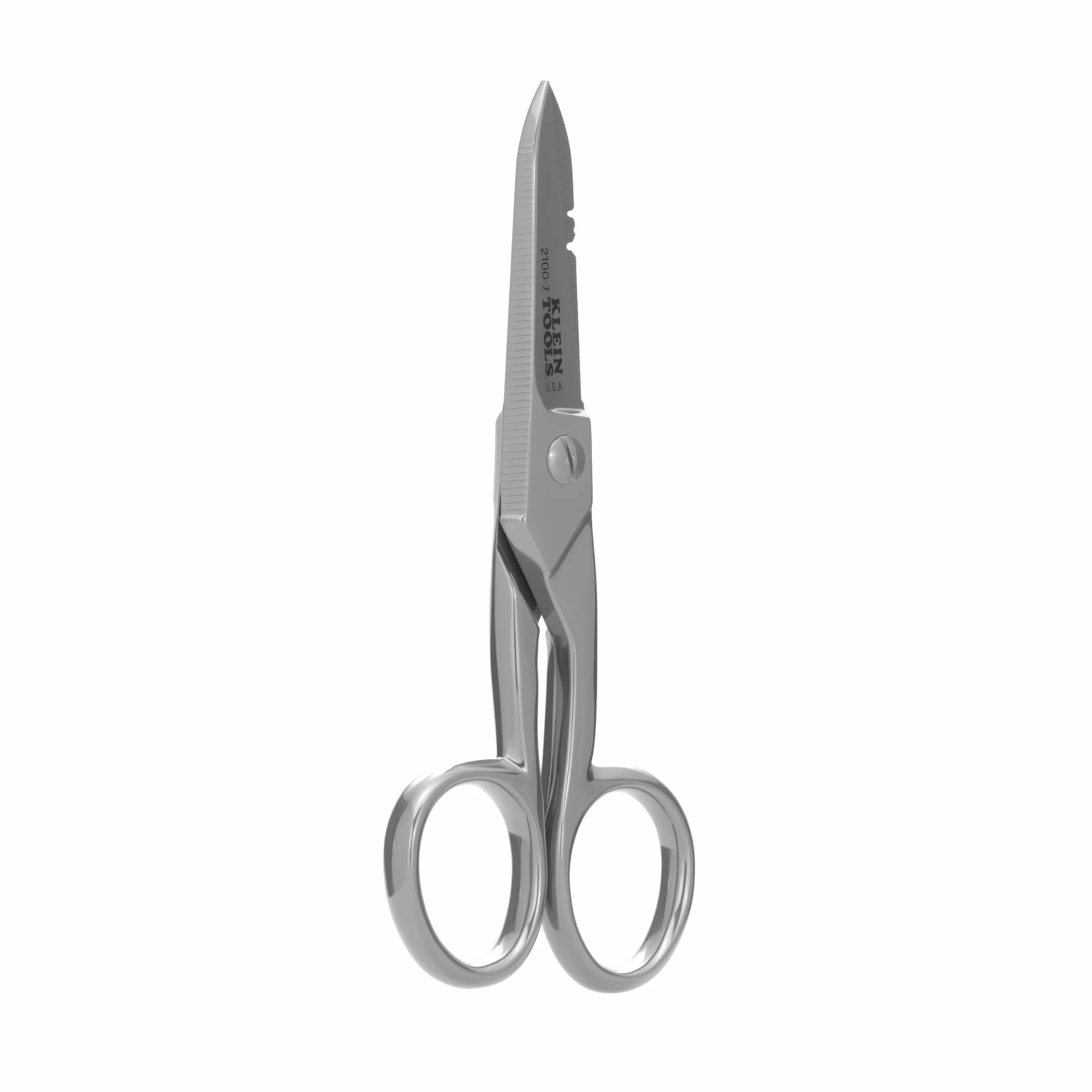 Klein Tools 2100-7 | Tijeras de electricista niqueladas | Muescas 0,91 y 0,26 mm² | Hoja dentada | Rascador y lima integrados | Acero resistente | 13,3 cm