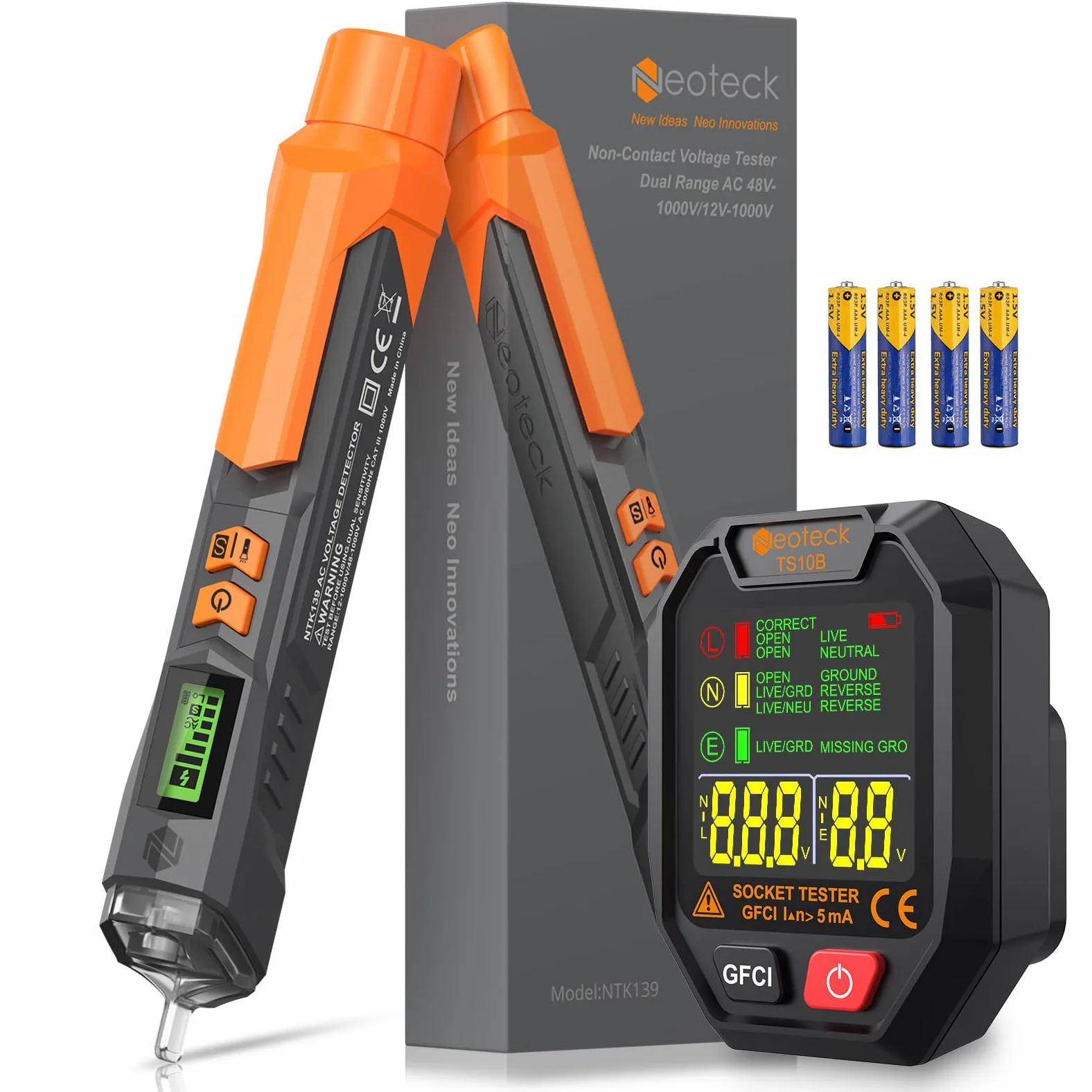 Neoteck Kit de Probador Eléctrico con Detector de Voltaje sin Contacto 12-1000V/48-1000V AC y Comprobador de Enchufe GFCI para Hogar y Electricistas