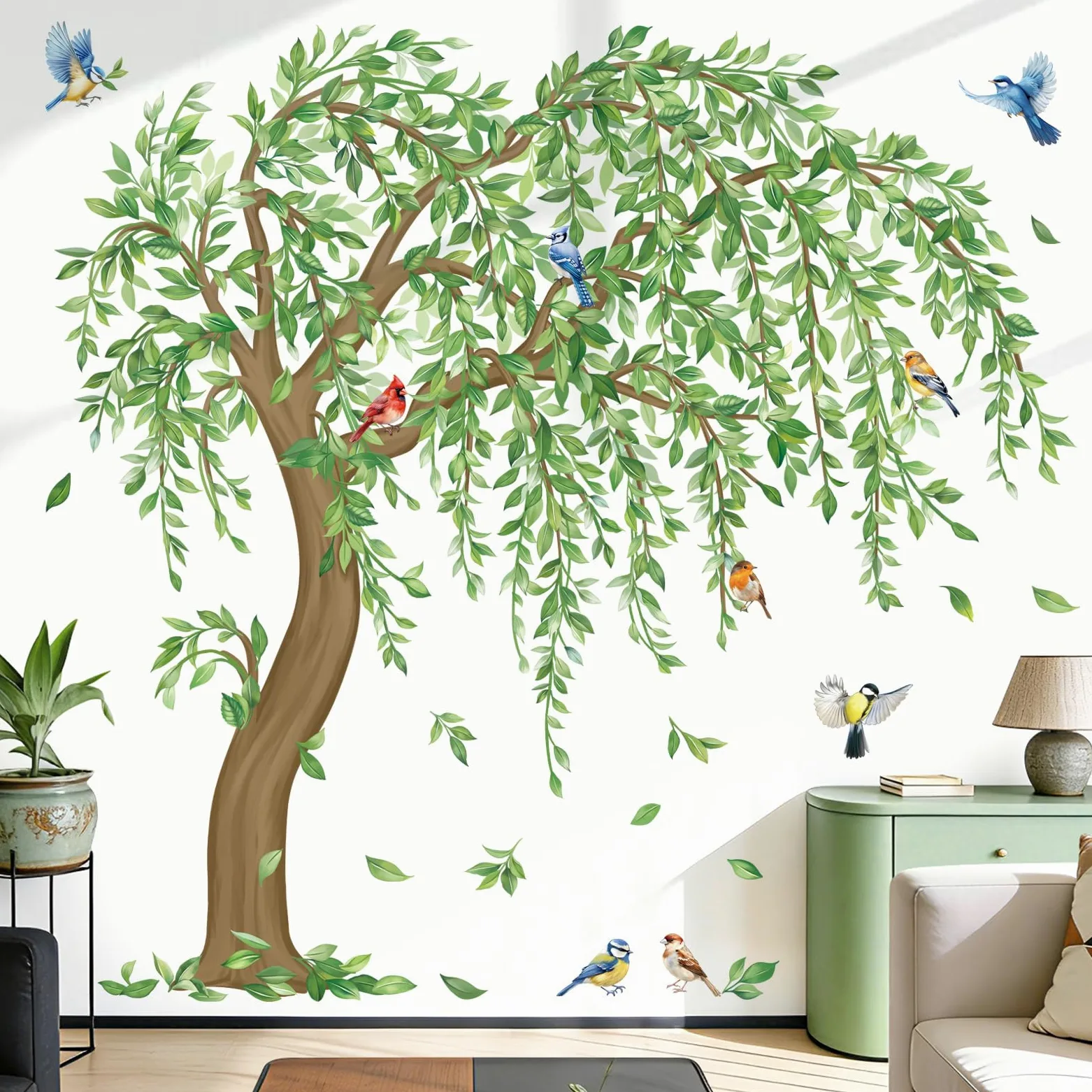 decalmile Pegatinas de Pared Arbol Verde Grande Vinilos Decorativos Hojas Plantas Verde Pájaros Adhesivos Pared Habitación Niña Dormitorio Salón